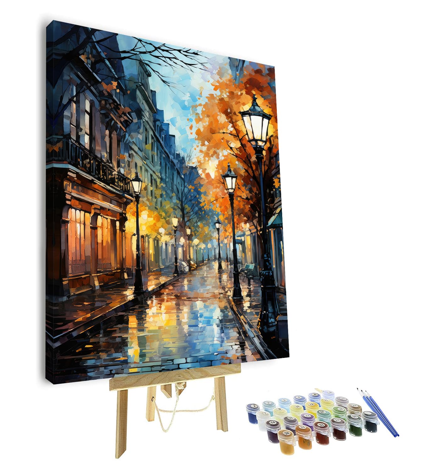 TISHIRON Street Paint by Numbers for Adults, City Night Scenery Acrylic Painting by Numbers for Home Wall Decor, Street Lamp Oil Painting Kits on Canvas Paintwork 16"x20"(Framed)