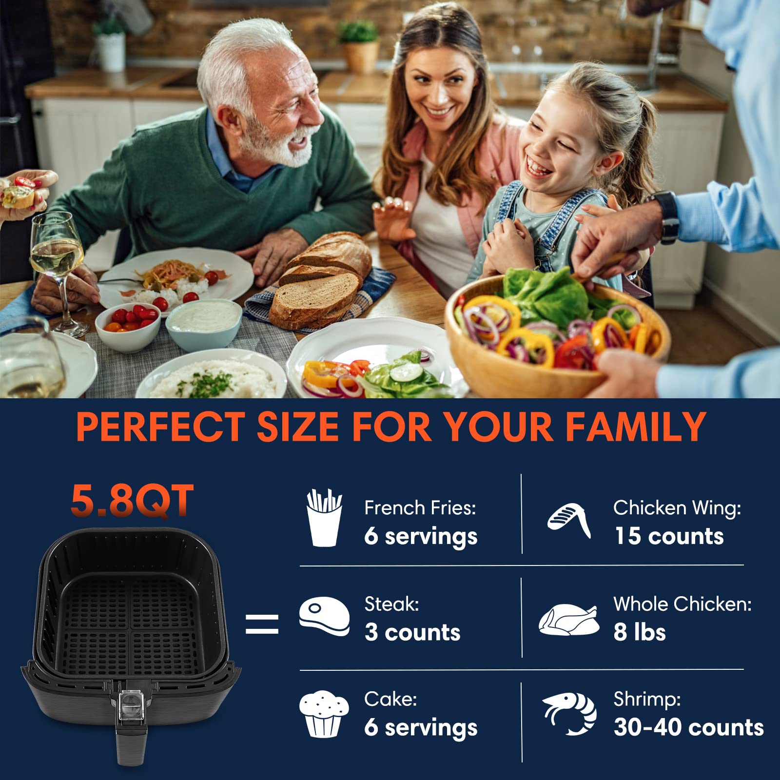 Air Fryer XL, 5.8 QT Hot Air Fryer Oven to Grill Bake Roast, 7in1