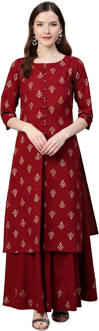 Idalia Womens Printed Cotton Kurta with Maroon Skirt
