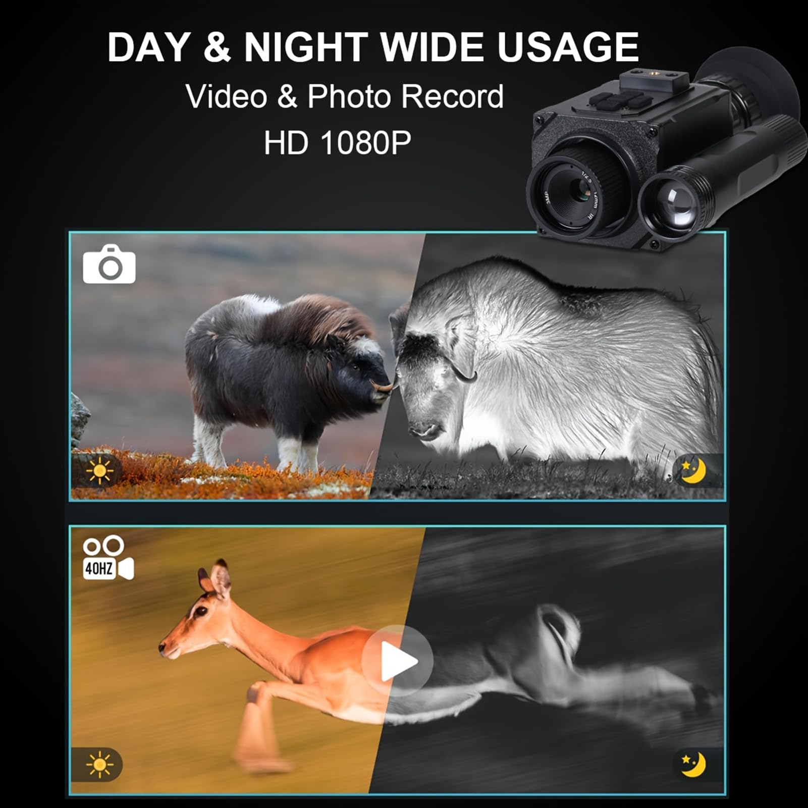 Monoculare per Visione Notturna - Occhiali per Visione Notturna NK006, Montati sulla Testa o sul Casco, Zoom Digitale 5X NVG, Registrazione Video 1080p per Caccia e Campeggio,850nm ir