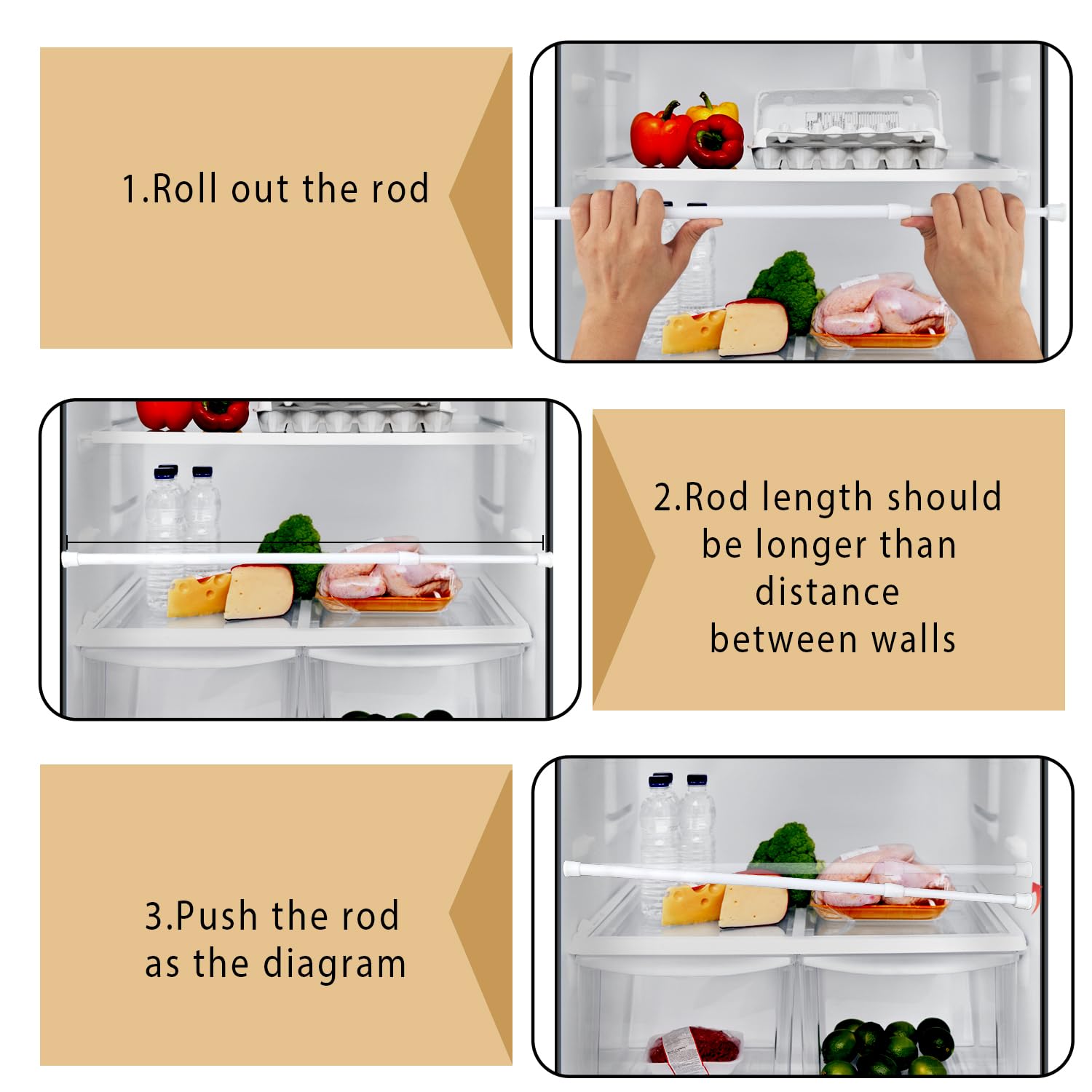 Barre Tensione Frigorifero 3 Pezzi - Regolabili 40-70cm, Bianche, Per Organizzare Cibo E Bevande - Foto 3