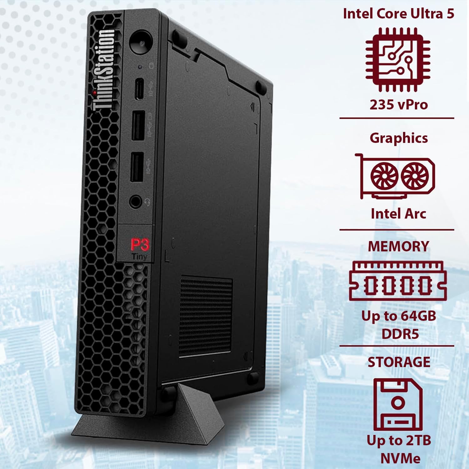 Lenovo ThinkCentre P3 Tiny AI Workstation Desktop, Intel Core Ultra 5 235 vPro, Intel Arc Graphics, 32GB DDR5, 1TB SSD, DP, HDMI, Wi-Fi 6, Windows 11 Pro, Astrol External DVD Drive