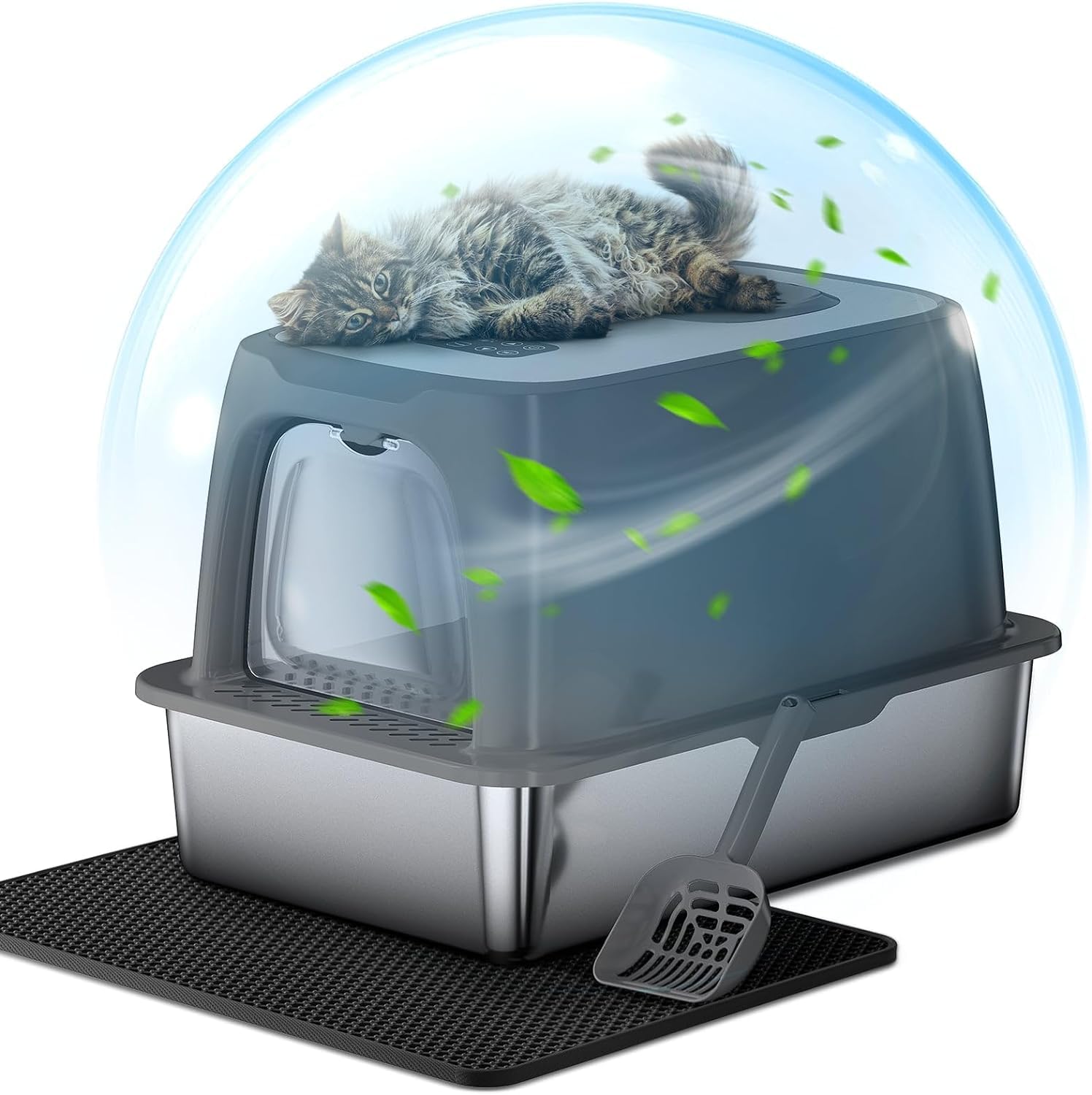 Odor Control Stainless Steel Litter Box [Upgraded], Extra Large Litter Box with Lid, Enclosed Metal Cat Litter Box for Big & Multiple Cats, Easy to Clean, Leak-Proof and Non-Sticky (Dark Grey)