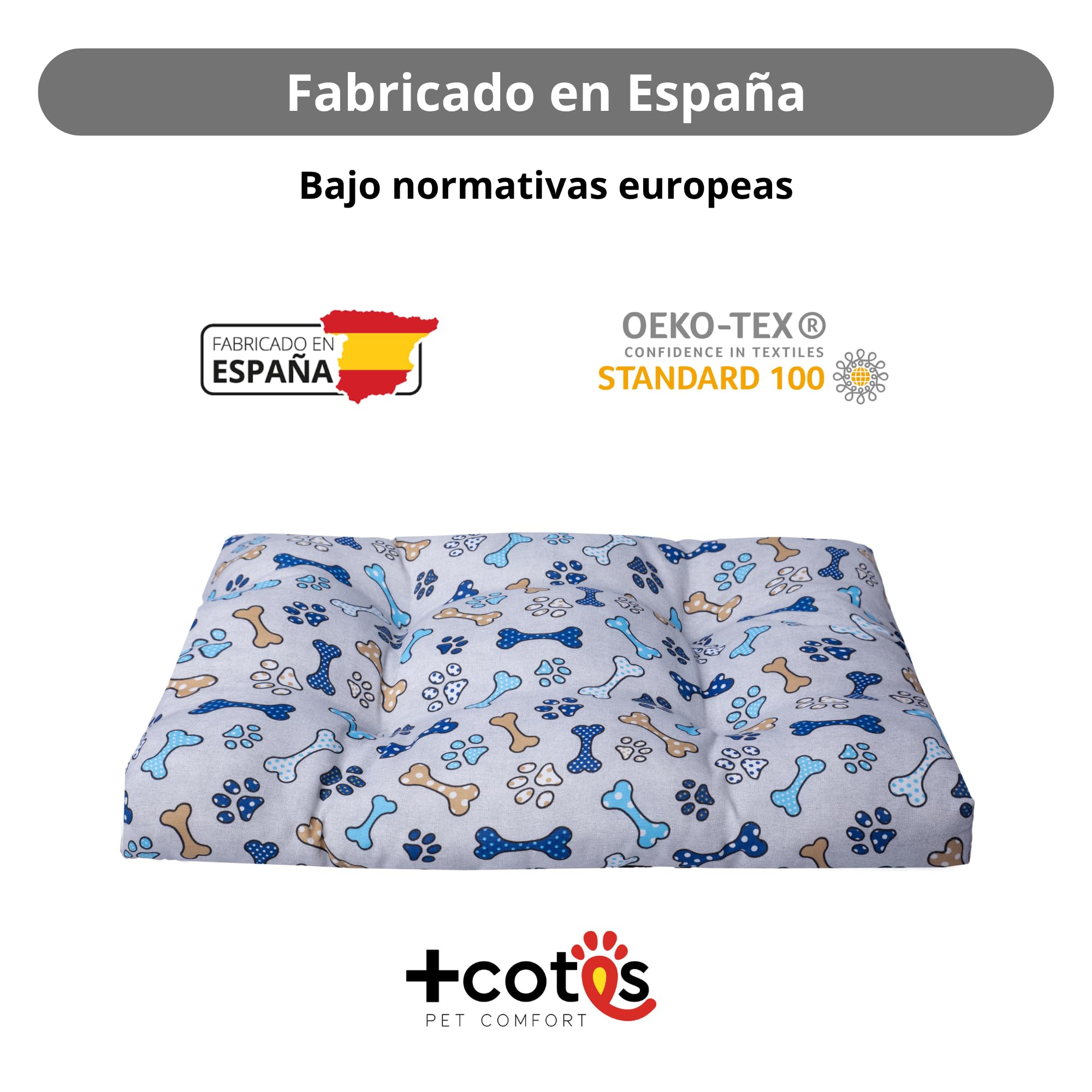 Cama Perro pequeño - Colchón Fibra Suave y Transpirable - Tejido loneta Resistente antipelos - Base Antideslizante - Lavable y Ligera - Hecho en España 50X70X8 Huesos +Cotes