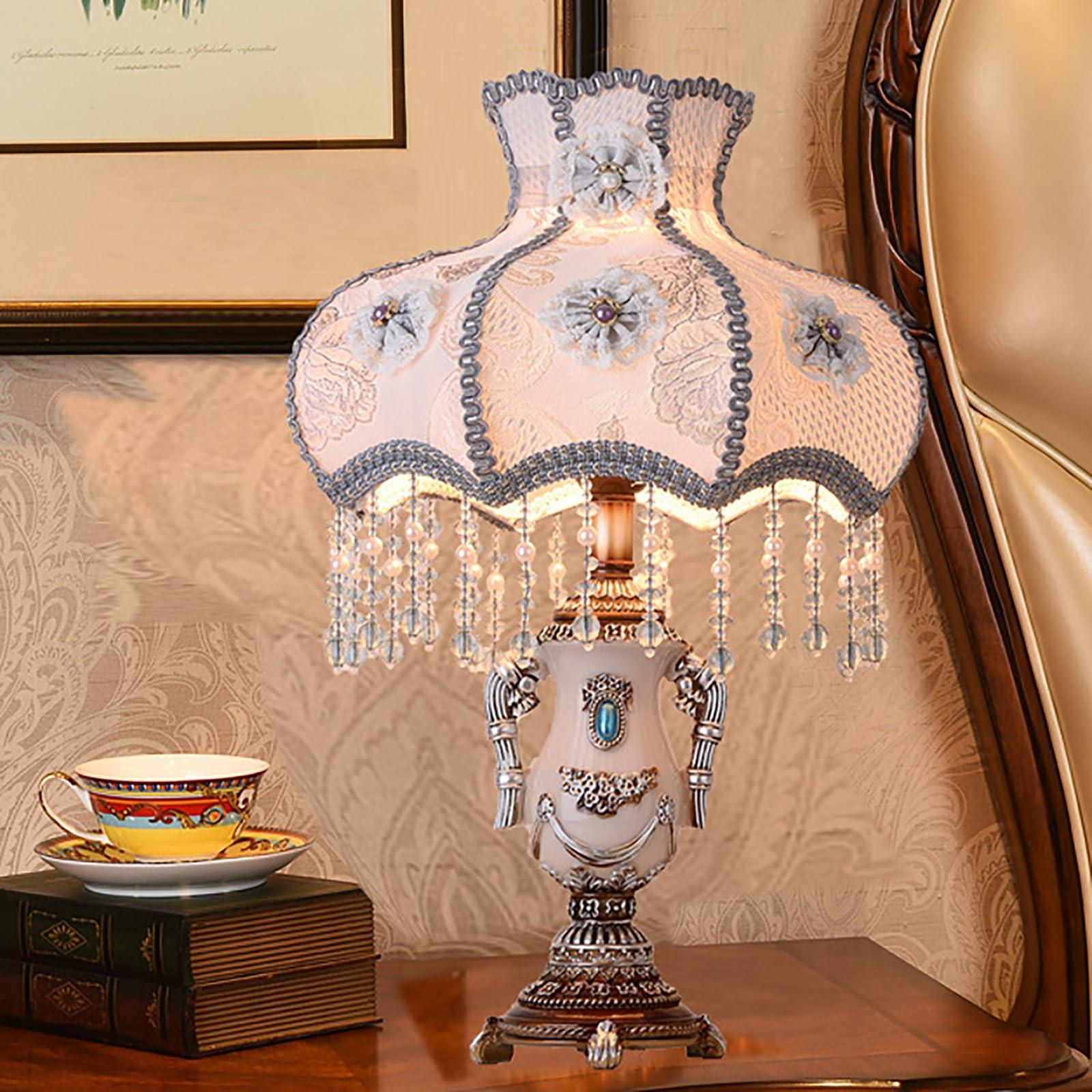 SXDMOUBK Victorian Style Table Lamp, Antique Fabric Table Lamp, European Nightstand Lamp, Decorative Desk Lamp, Floral Table Light with Fringe, Bedside Light for Bedroom Living Room Button Switch(C)