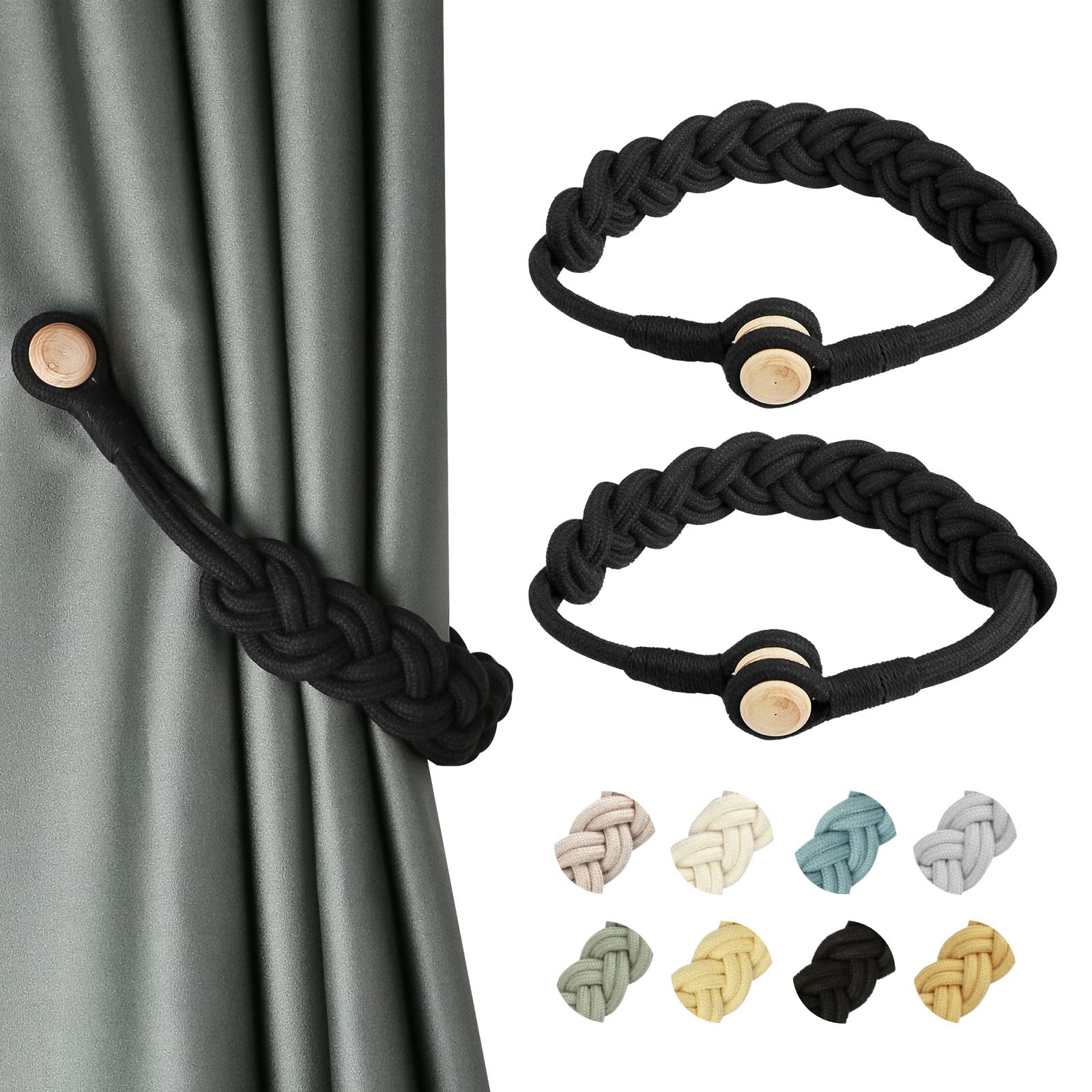 BEL AVENIR - Fermacravatte magnetiche in cotone intrecciate a mano, con clip, con fibbia, 2 pezzi, colore: nero