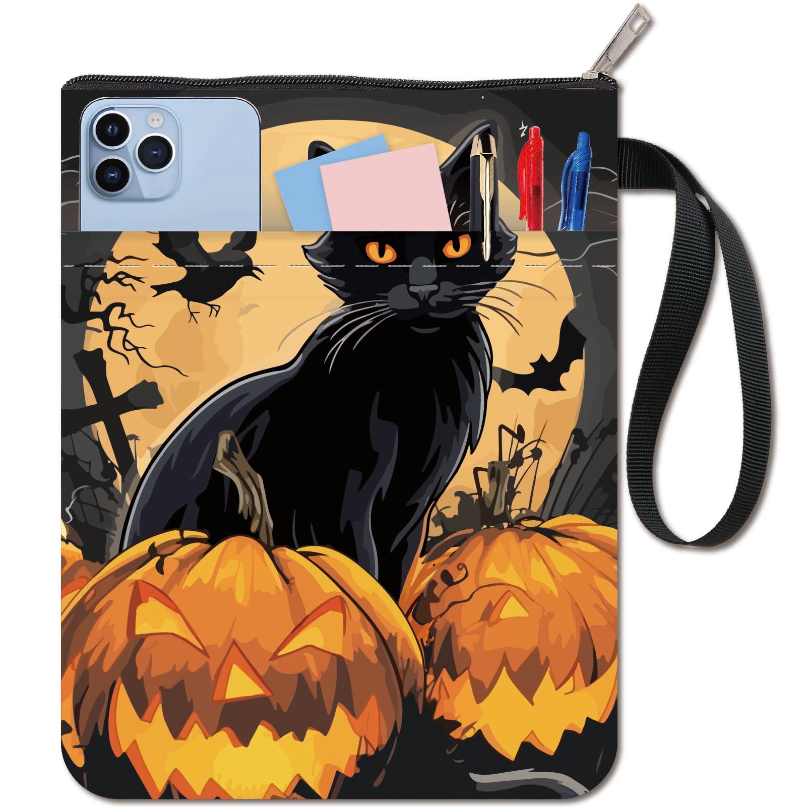 CRASPIRE Black Cat Book Sleeve Halloween Pumpkin Book Protector Book Covers for Paperbacks Washable Fabric Cloth Book Cover with Zipper and Extra Sleeve Pocket for Book Lovers Classmate Friend Gifts
