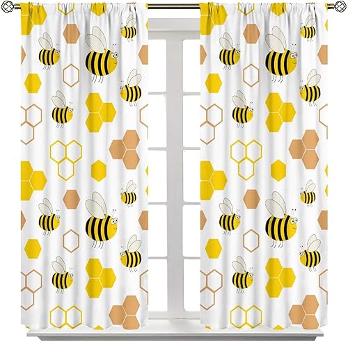Miniatura 8 de Cortinas de abejas amarillas con estampado de panal de abejas y bolsillo para barra, cortinas de ventana para dormitorio, sala de estar, 42 x 45