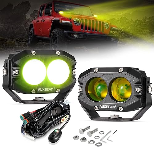 Auxbeam Luz antiniebla ámbar de 4 pulgadas, luz cuadrada de 60 W con haz de lente de punto amarillo 5050 LED, luz antiniebla con arnés de cableado