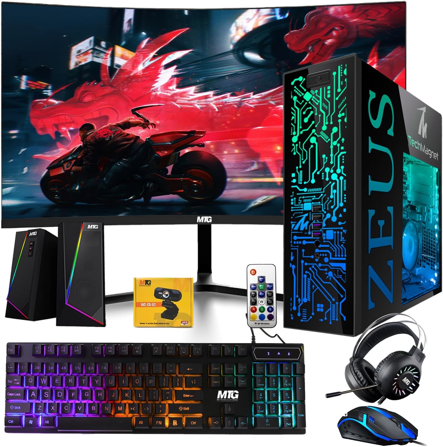 TechMagnet Gaming Desktop PC, Intel i7 6th Gen, Zeus Pro 6, RX 550, 16GB ARGB RAM, 512GB SSD, 24 Inch Curved Monitor, RGB Keyboard Mouse, Speaker, Headphone, Webcam, Windows 11 (Renewed)