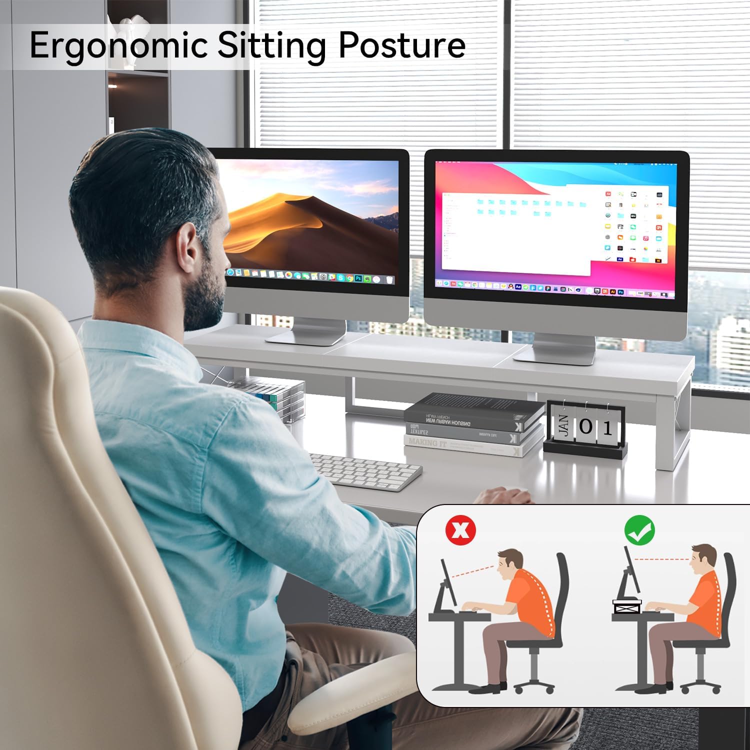 IBUYKE Large Dual Monitor Stand Riser for 2 Monitors, Wooden Desktop Computer Monitor Stand Storage Shelf and Steel Legs,Dual Screen Office Desk,Monitor Riser for Computer, Printer,Laptop,TV,White TDJ002W