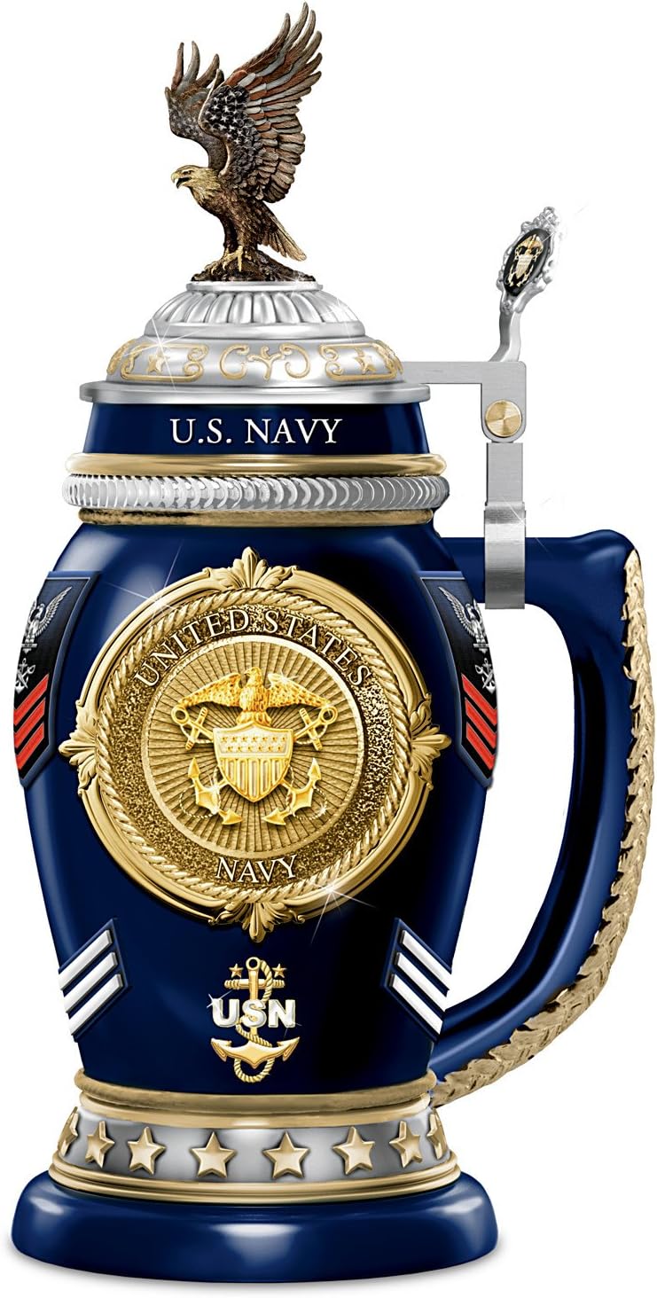 The Bradford ExchangeNavy Values Stein, Maritime Blue Porcelain, 22K Gold Accents, Zinc Alloy Eagle Topper
