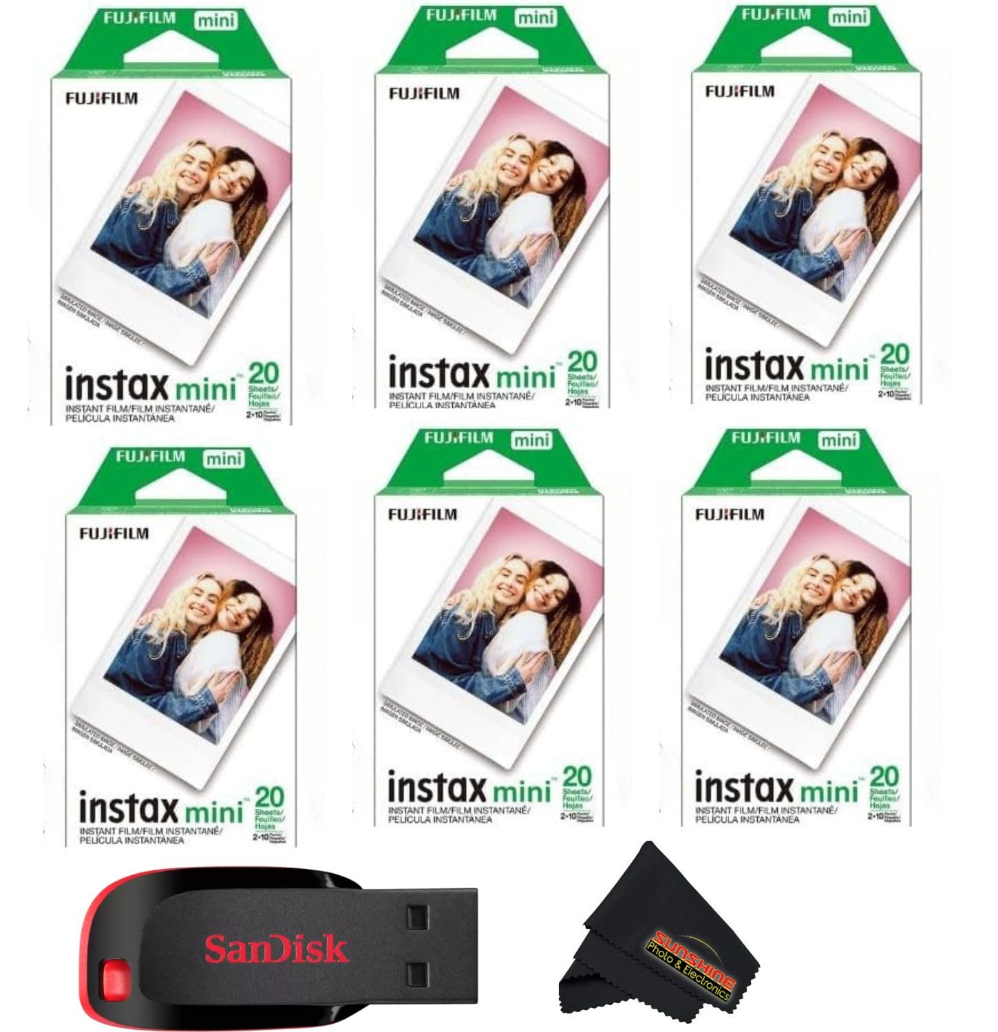 Fujifilm Instax mini Instant Daylight Film (Twin Packs + 32 GB USB Flash Drive) with Sunshine Photo Microfiber Cleaning Cloth... (6 Twin Packs + 32 GB USB Drive)