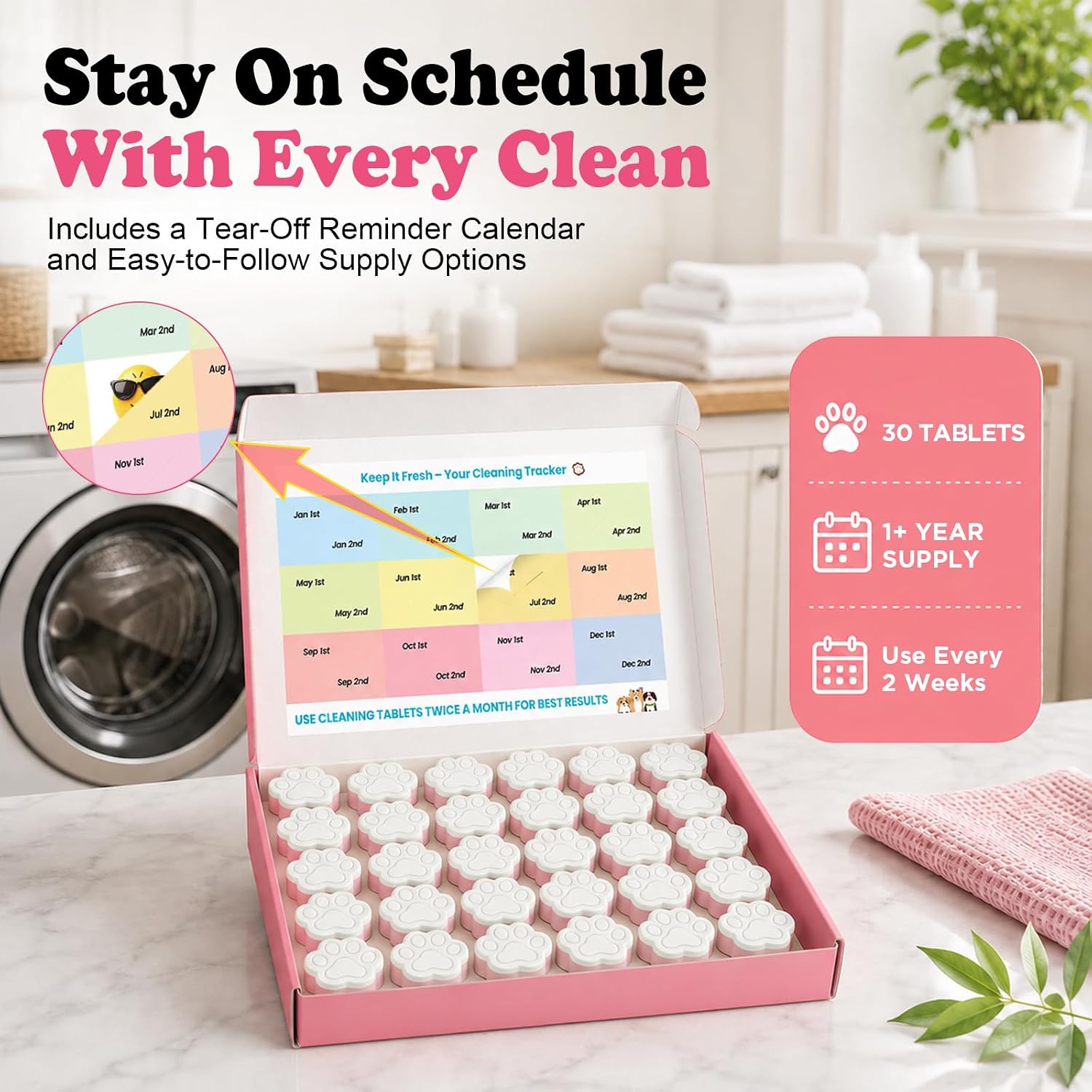Washing Machine Cleaner Tablets for Pet Owners, 30 Pack, Rose
