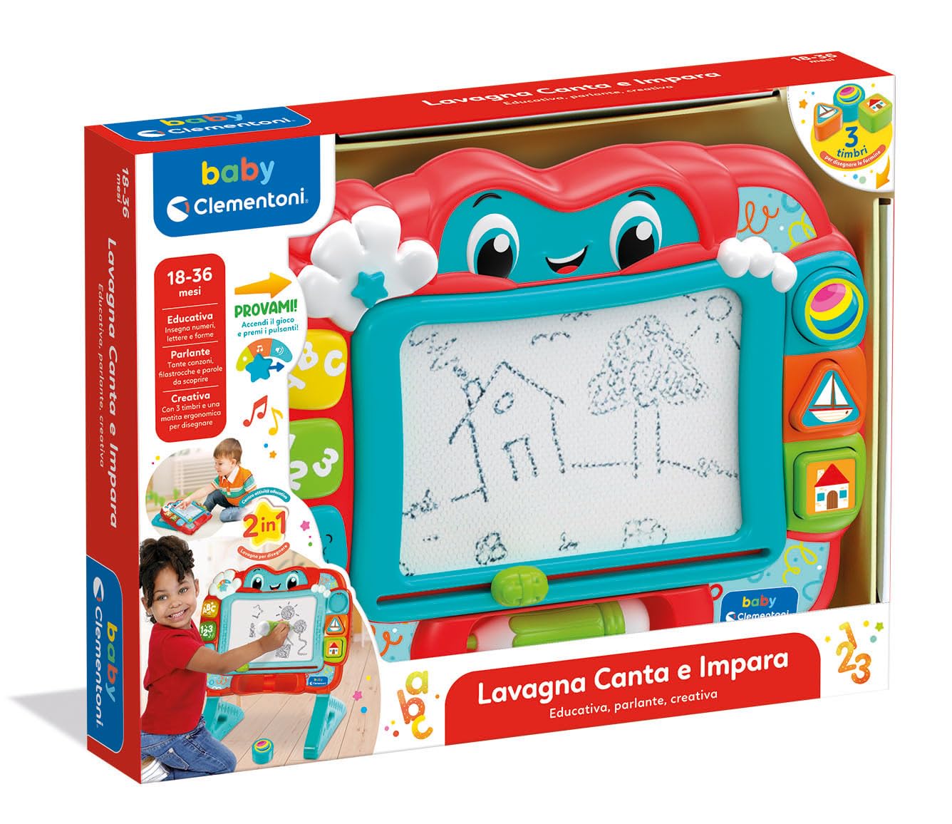 Clementoni Baby Pizarra Canta y Aprende – Juego electrónico Interactivo, Pizarra magnética para niños de 18 Meses, educativa con números y Palabras, Centro de Actividades parlante, Italiano e inglés,