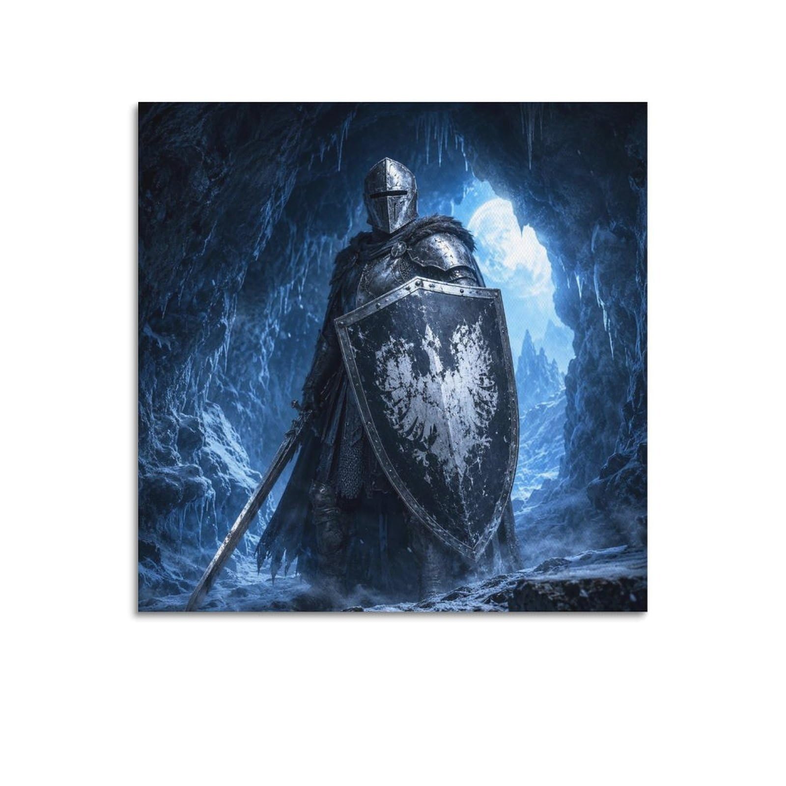 XKUGA Sacred Shield Medieval Knight Poster Ice Cavern Fantasy Armor Modern Decorative Canvas Prints - Ideal Wall Art for Family, Man Cave, Game Room, Boys & Girls Bedroom 16x16inch(40x40cm)