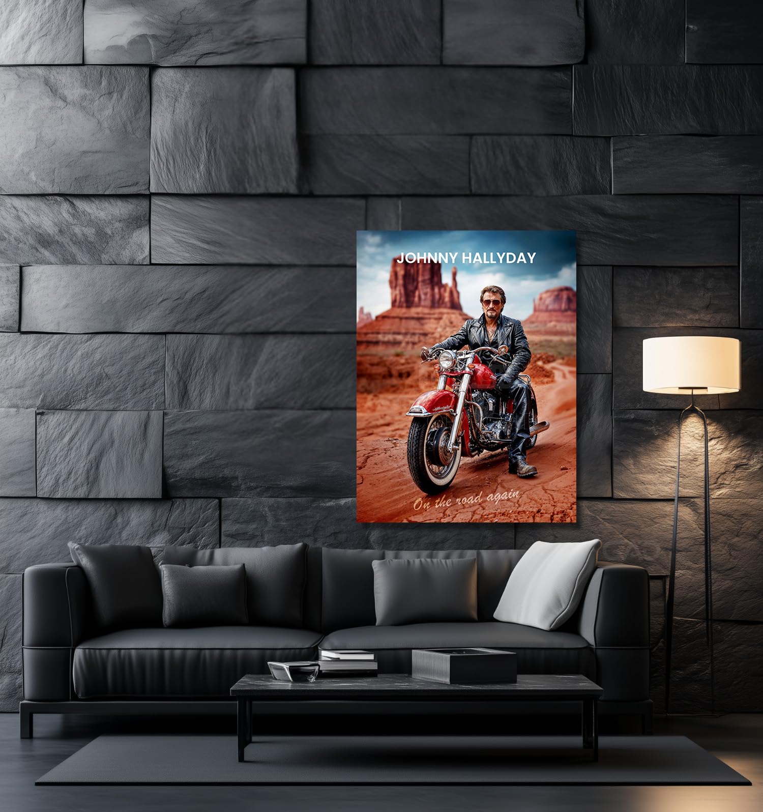 Johnny Hallyday On The Road Again (cornice non fornita) - Quadro digitale Star cantante Rock - Poster Moto Route 66 (60 x 80 cm / 24 x 32 in)