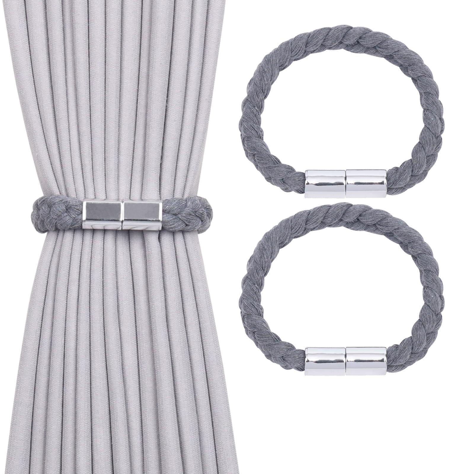 Pretty Jolly 2 Pack Twisted Braid Rope Magnetic Curtain Tiebacks Elegant Hand-Woven Style Drape Tie Backs Soft Natural Cotton Rope Curtain Holdbacks for Home & Office Window Draperies (Dark Grey)
