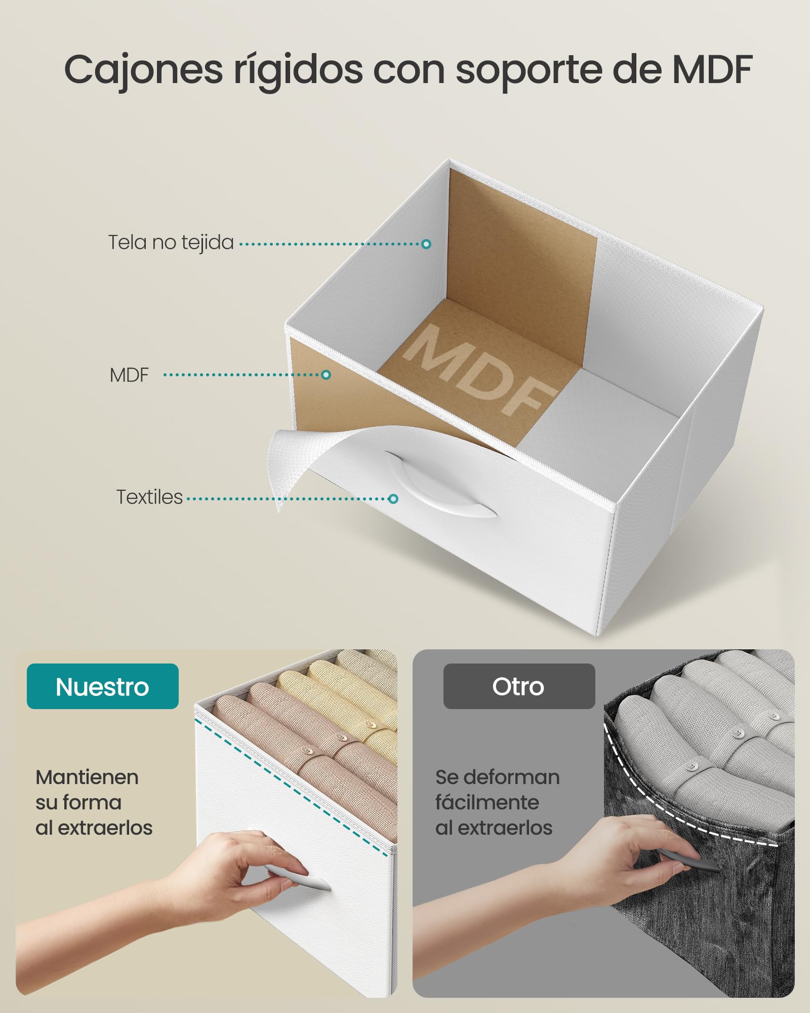 SONGMICS Cómoda con 6 Cajones de Tela, Mueble Organizador con Estructura de Acero, 50,6 x 30 x 117,7 cm, para Dormitorio, Salón, Pasillo, Blanco Nieve, Colección BELLAH LGS541W101