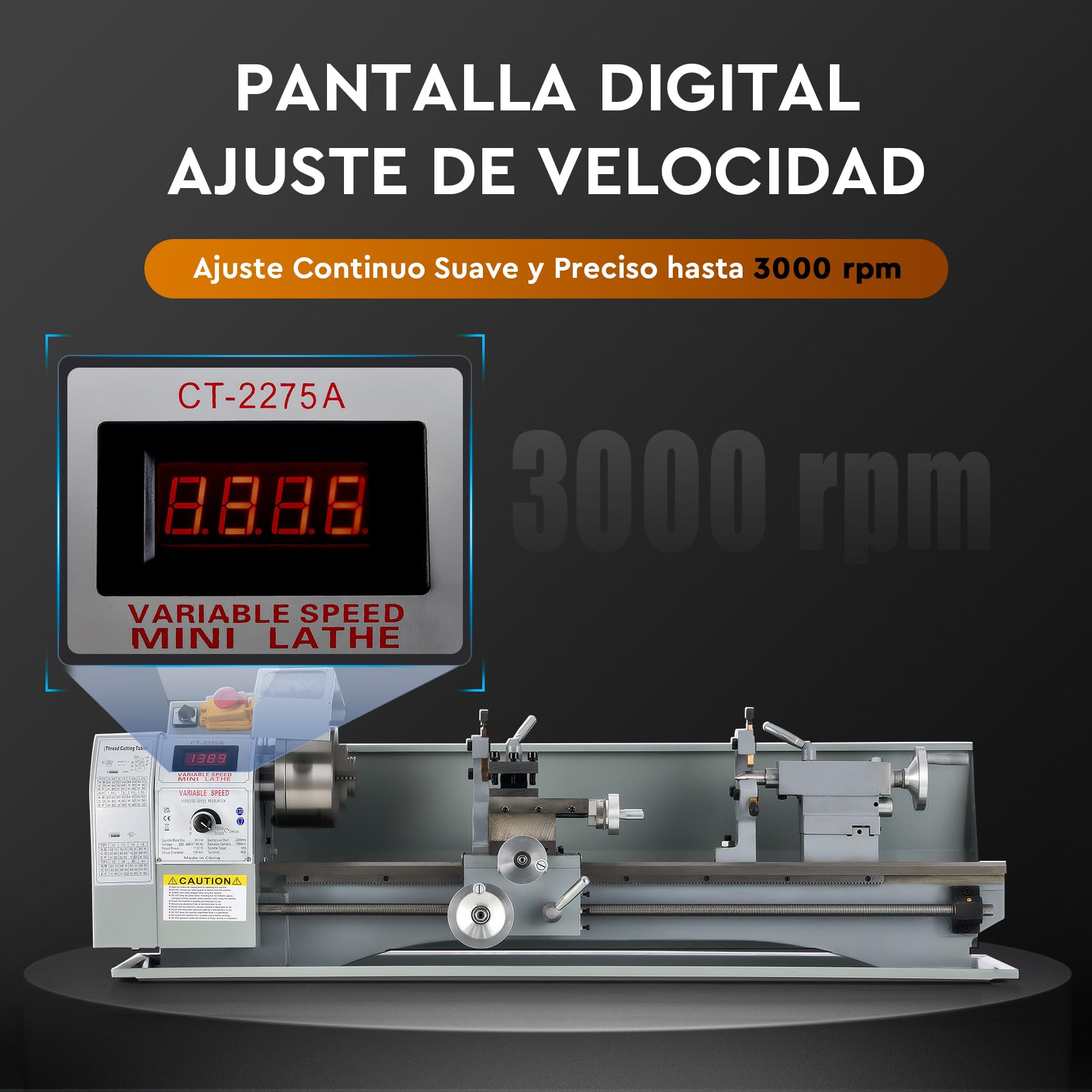 CREWORKS 1100W Torno de Metal, 220X750MM Torno para Metal de Sobremesa con Máx. Velocidad 3000 RPM, Torno de Metal con Pantalla Digital para Torneado de Metales para Roscar, Tornear