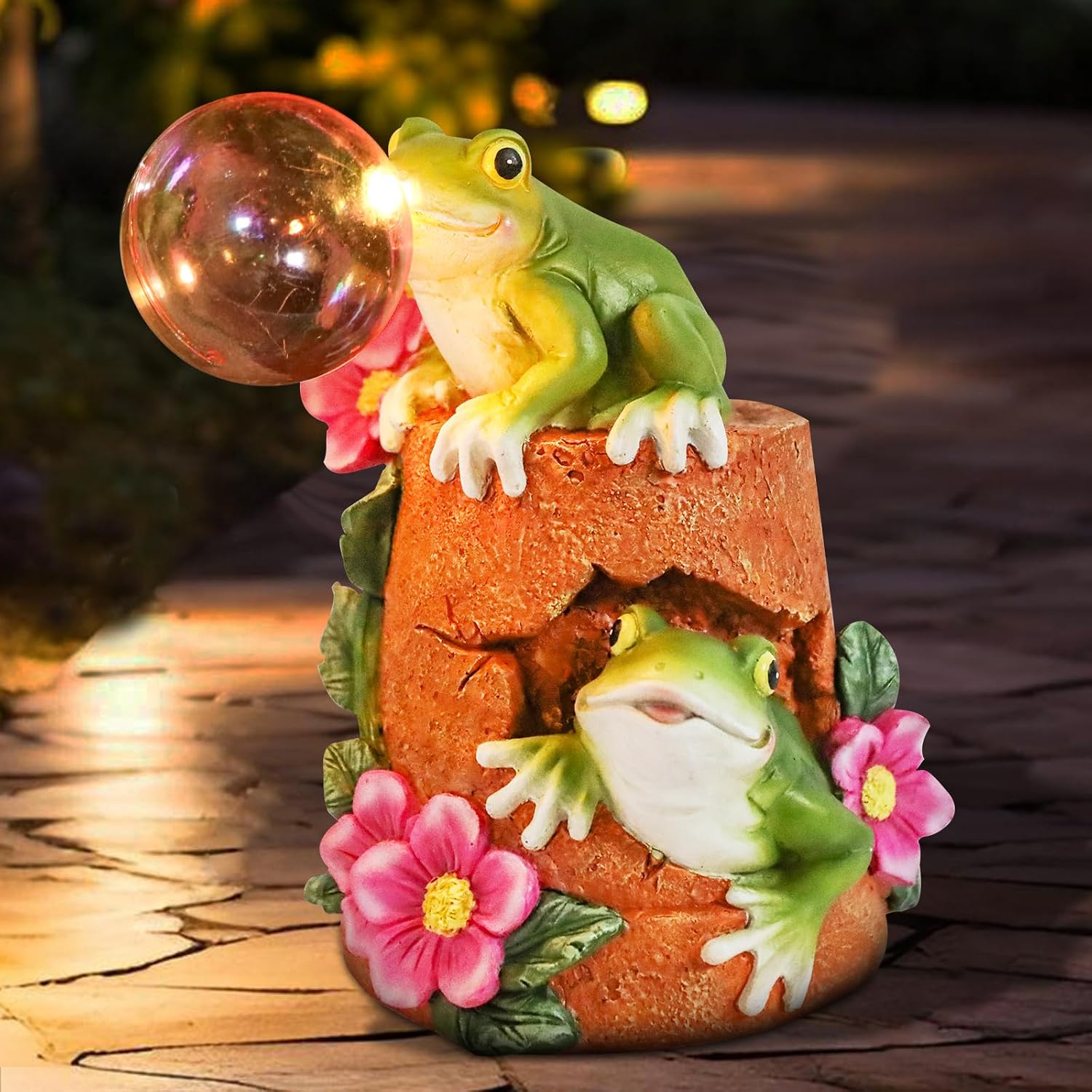 Solar Frog Garden Light, Cute Outdoor Statue with Glowing Glass Ball Decor