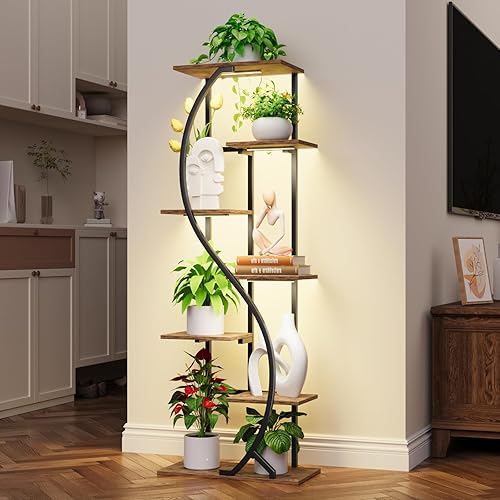 Miniatura 4 de Soporte alto para plantas de 59" con luz de crecimiento para interior, estante de metal de 7 niveles, soporte de exhibición de flores en forma de S,