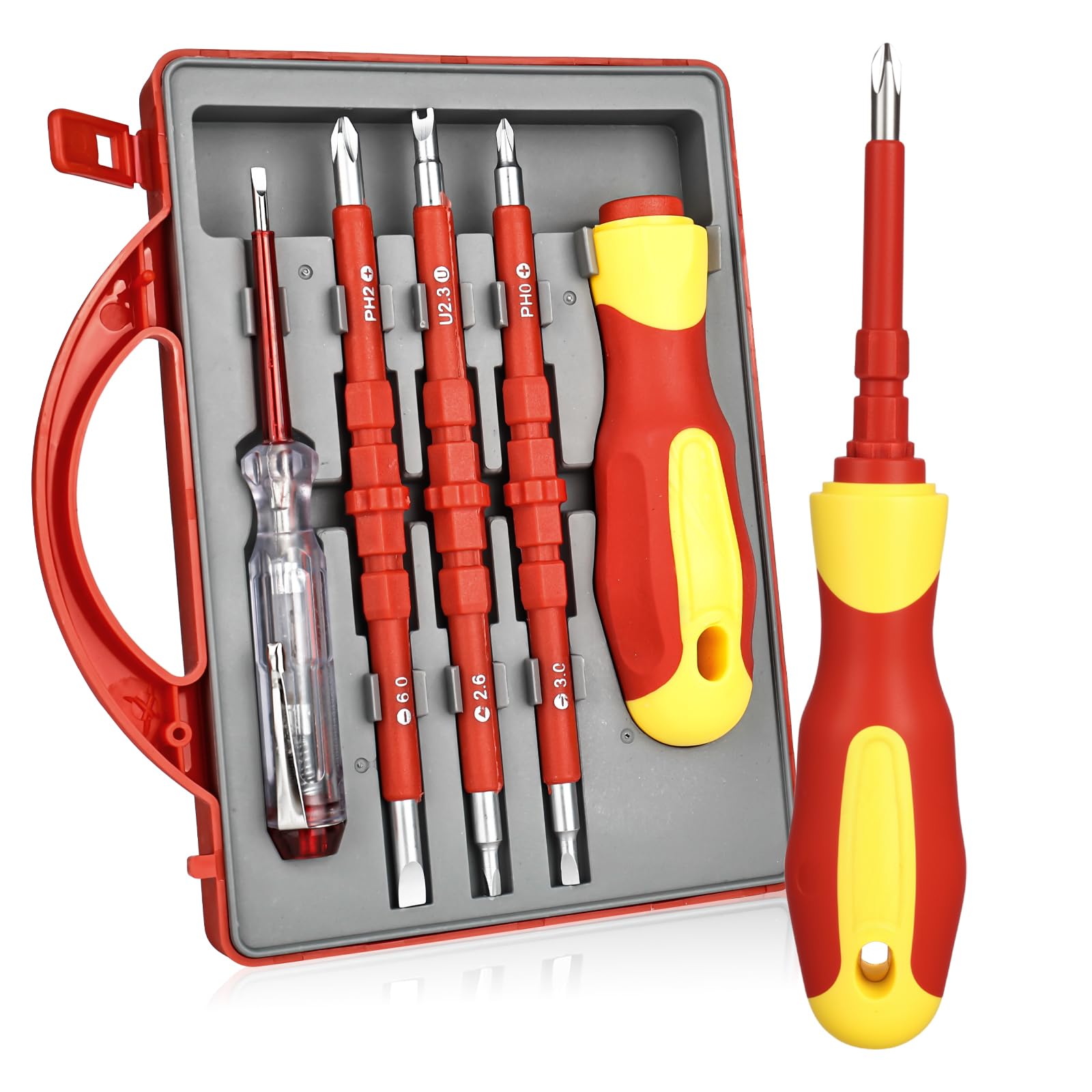 XTDMJ 5-Teiliger Schraubendreher Set Isoliert, Schraubendrehersatz mit Spannungsprüfer, Schraubendreher Set Elektriker(2 Schlitz, 2 Phillips, 1 Dreieck, 1 U-förmig)