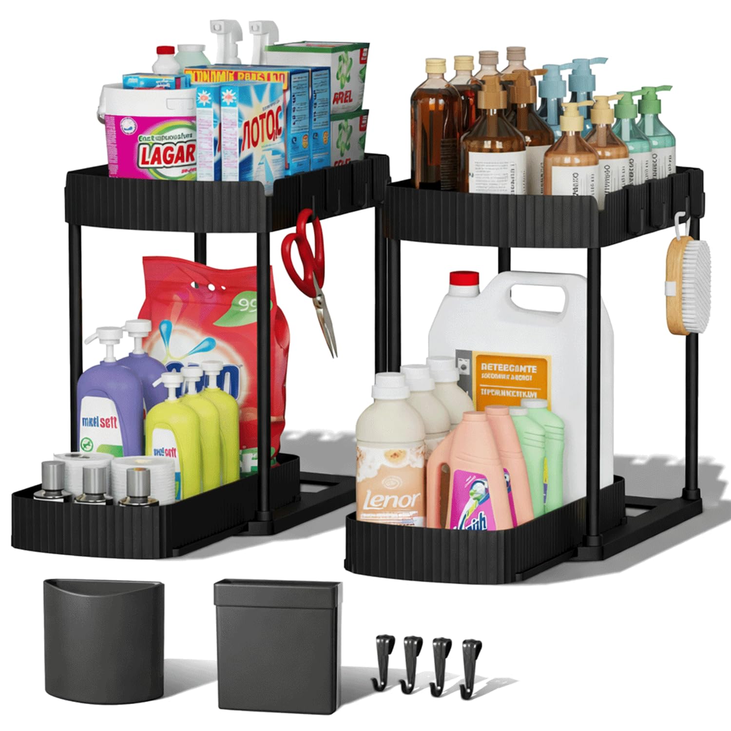 HOUSMETICS Under Sink Organizer 2 Pack, 2 Tier Pull Out Storage Drawers, Sliding Cabinet Shelves for Kitchen & Bathroom, Space Saving Under Sink Storage Unit, Black