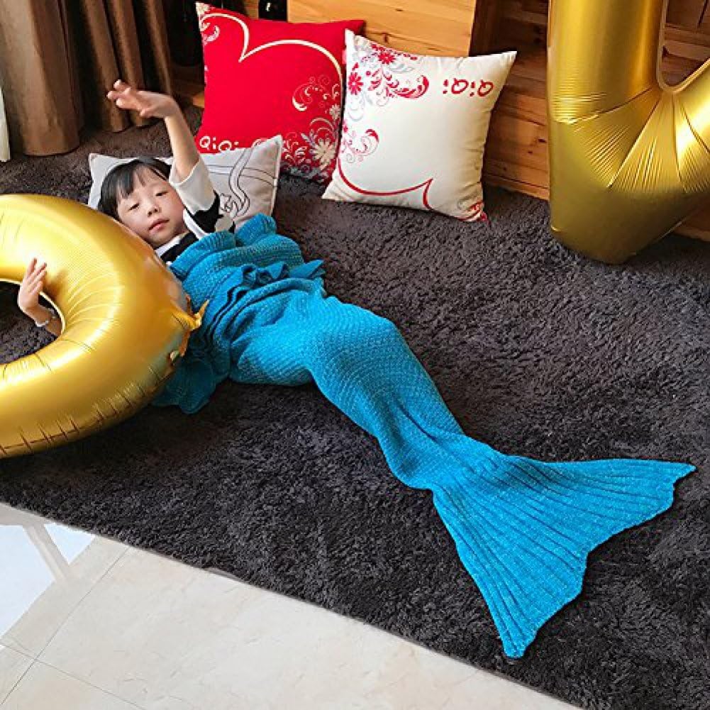 AOOK HOMEMADE Mermaid Tail Blanket Crochet, Warm Sofa Quilt Super Soft All Seasons Sleeping Blankets,Handmade Mermaid Tail Blanket for Kids (Sky Blue II-Kids-55''X28'')