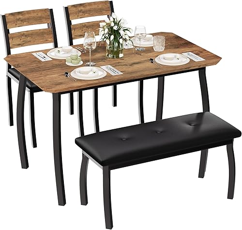 IDEALHOUSE Juego de mesa de comedor de 43 pulgadas para 4, mesa de cocina de madera con banco tapizado y 2 sillas de cojín, juego de comedor Color
