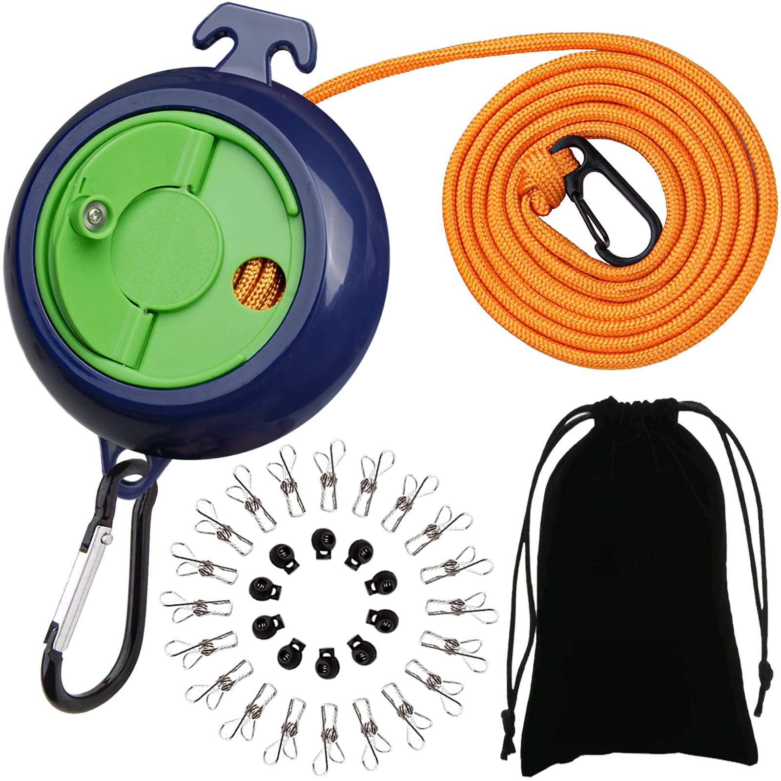 ZONSUSE Portable Travel Clothesline,Adjustable Camping Clothesline,10m Anti-Tangle Retractable Clothes Line,with 10 Fixed Buckles and 20 Clothespins, for Indoor Outdoor Balcony Garden Hotel (Green-B)