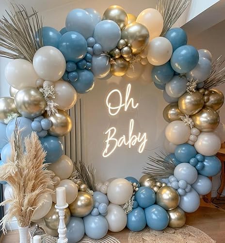 EROOCAI Kit de arco de guirnalda de globos de color azul polvoriento, 177 globos de color azul pastel, azul océano, blanco, arena, cromado, dorado,