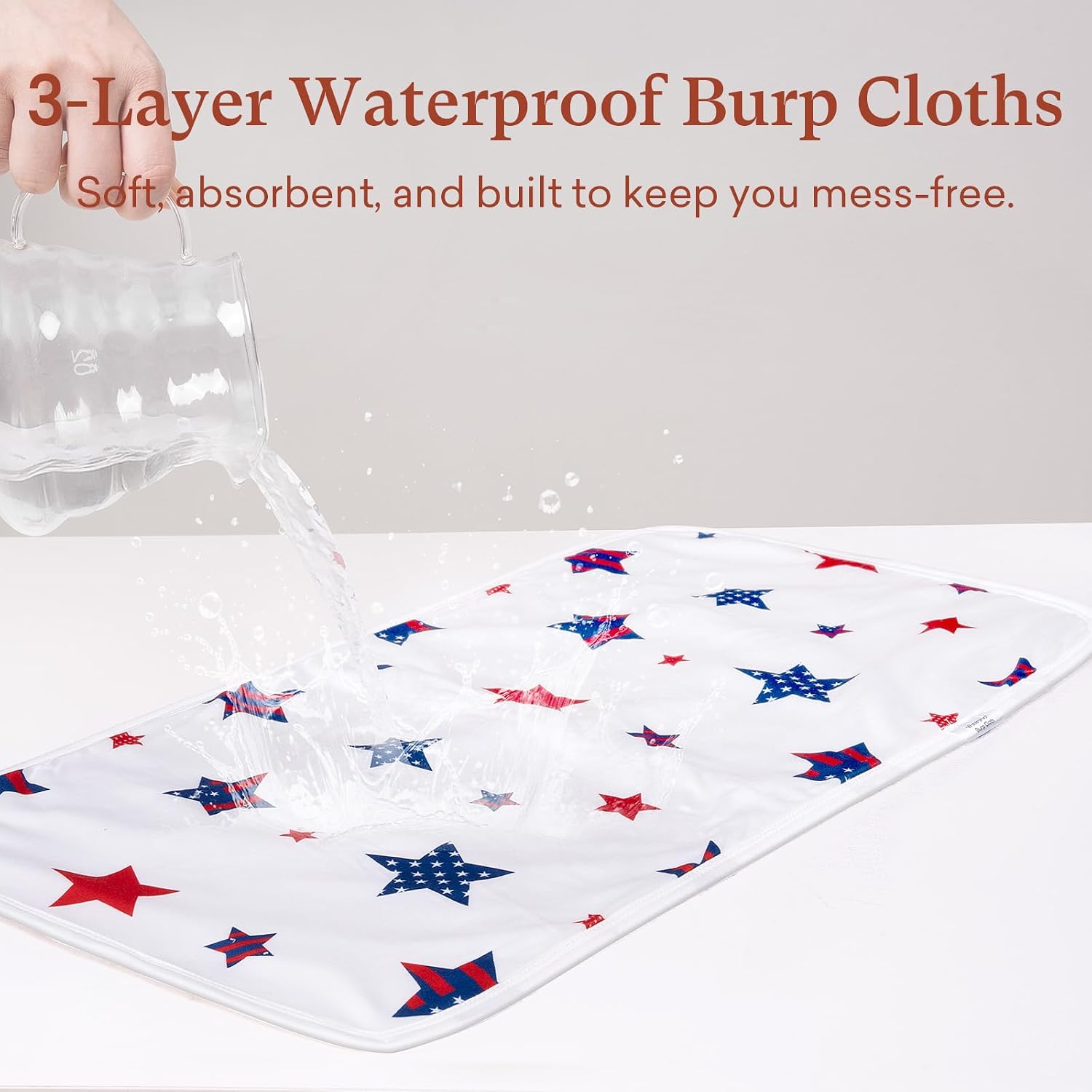 Premium Waterproof Baby Burp Cloths 8 Pack, Extra Large 13" x 26" Soft Absorbent Burping Cloths for Newborn Infant, Patriotic 4th of July Baby Essentials(Classic Stars)