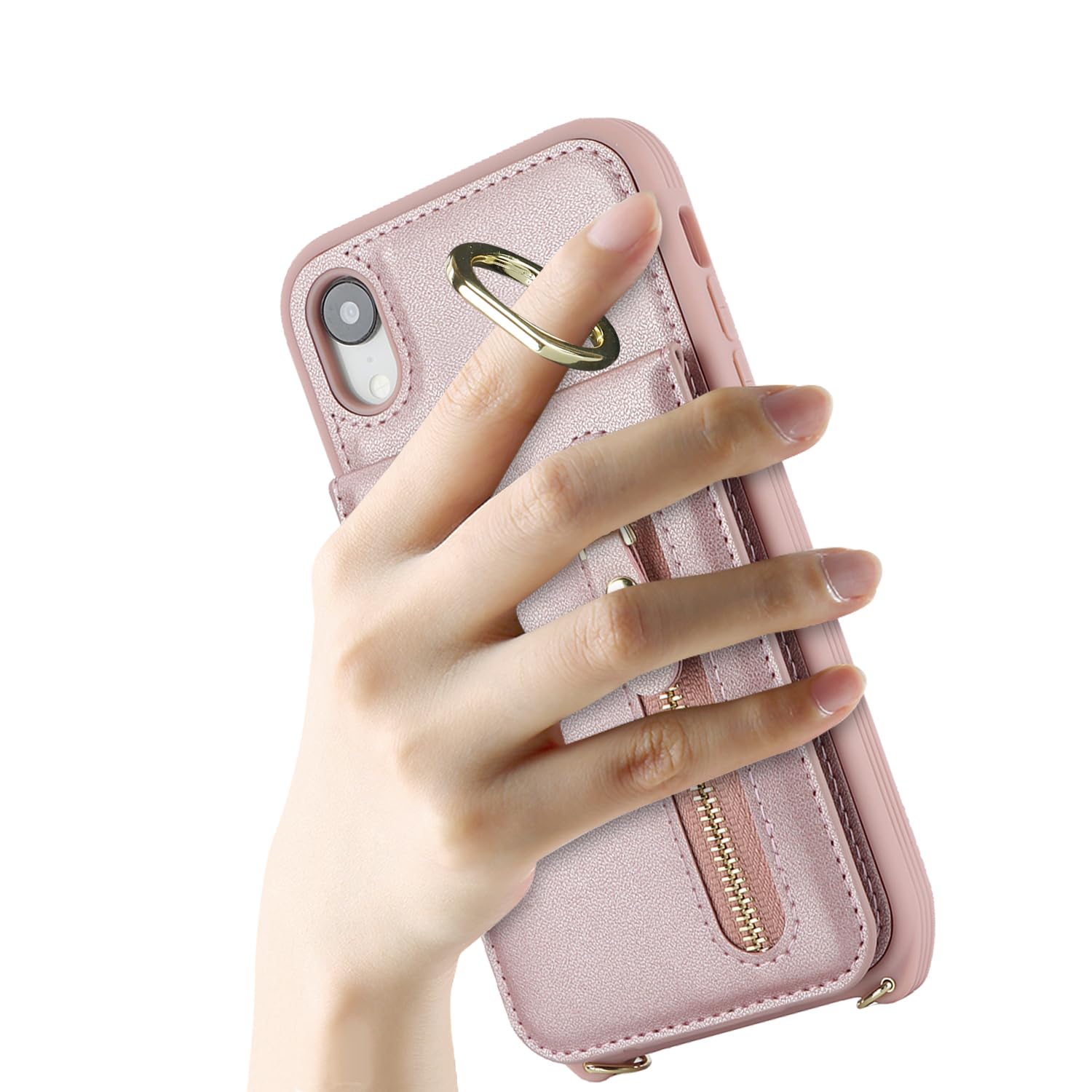 CAVOR Handyhülle Mit Kette Für IPhone XR – Leder-Flip-Hülle Mit 4 Kartenfächern, Ring-Stander & Verstellbarem Band | In Weiß Mit Leopardenmuster