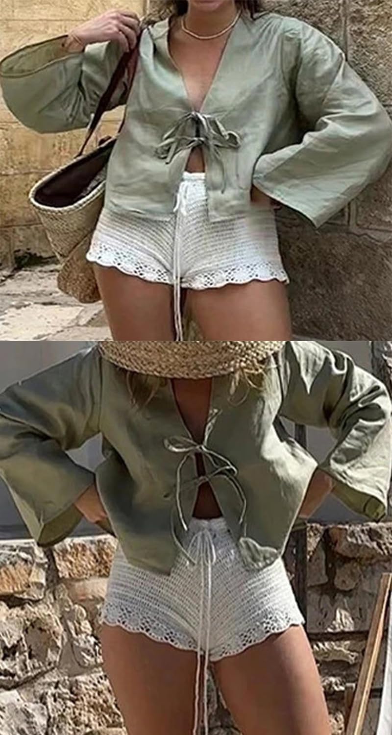 Chvity Tie Front Tops for Women Y2K Linen Shirts Flare Sleeve V Neck Going Out Coquette Clothes Casual Lace Up Bow Blouses - Image 6