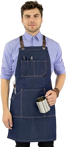 Under NY Sky Essential Blue Denim Delantal Espalda cruzada con refuerzo de cuero Ajustable para hombres y mujeres Pro Chef, tatuador, panadero,