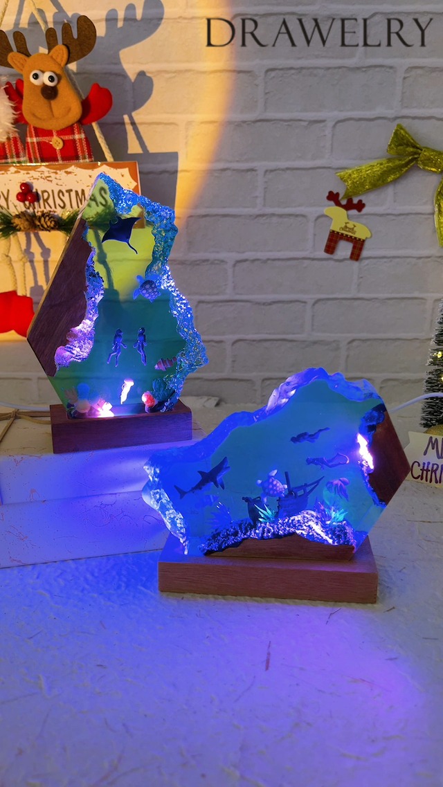 Image of Drawelry Ocean Creative Epoxy Resin Wood Light Lamp, Handmade Multi Color Aquatic Ocean Lamp Deep Sea Cave Diving Enthusiasts Led Night Light Desktop Decor Birthday Gift (Dragon, M)