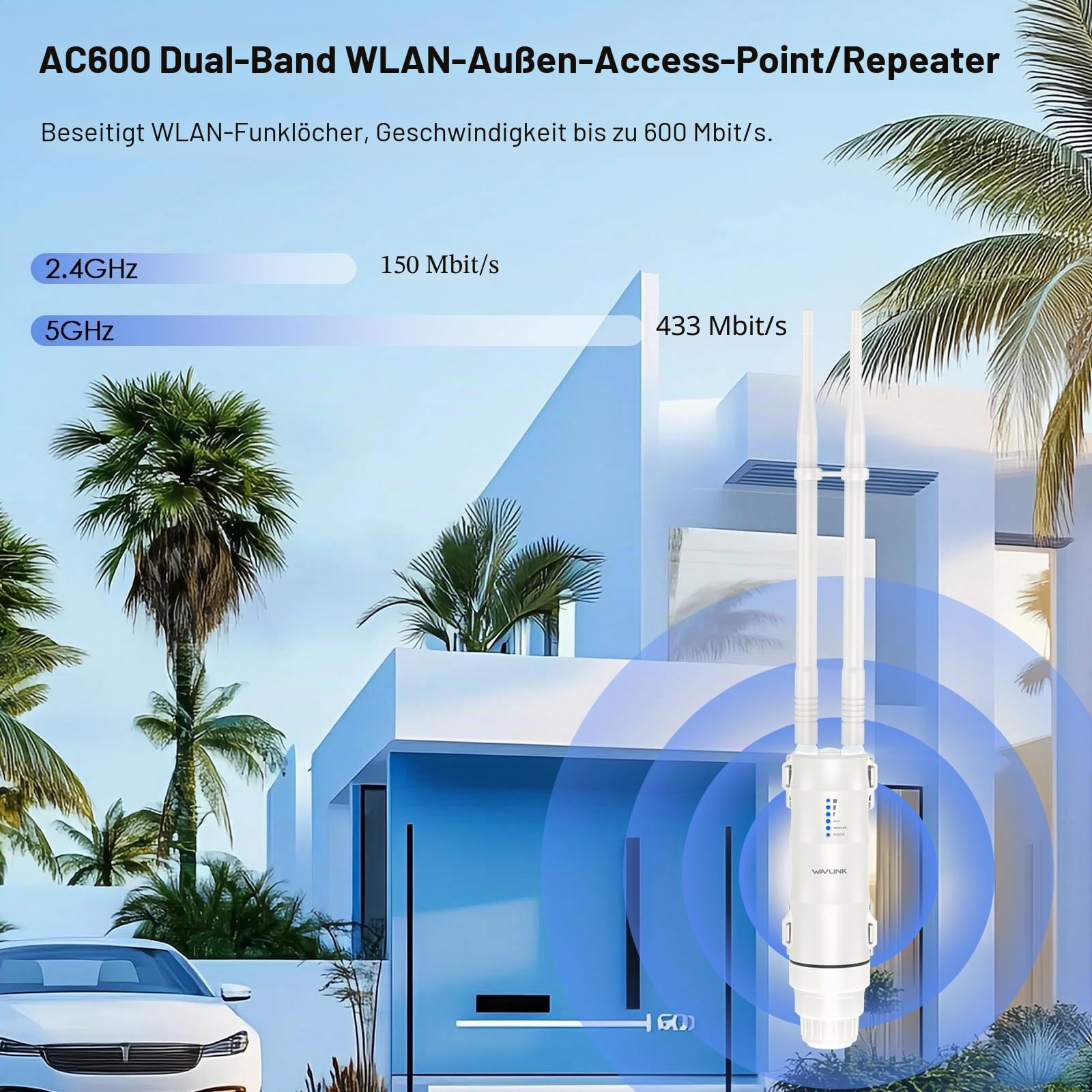 WAVLINK AC600 Dual Band Repeater für den Außenbereich, WLAN-Zugangspunkt, Repeater/Ap-Mode/Router/WISP, 2,4 GHz, 150 Mbps + 5 GHz, 433 Mbps, passives PoE-Modell, 100 m, Weiß