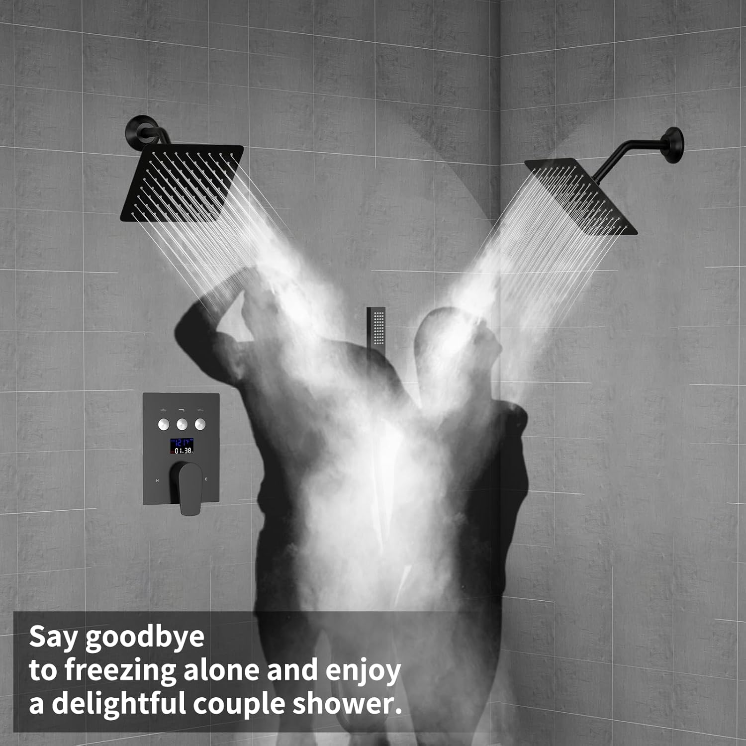AYIVG Matte Black Wall Mount 8 Inch Dual Showerhead Combo Digital Display 3-Function Push Button Shower Faucet Set Double Shower Head System for Couple