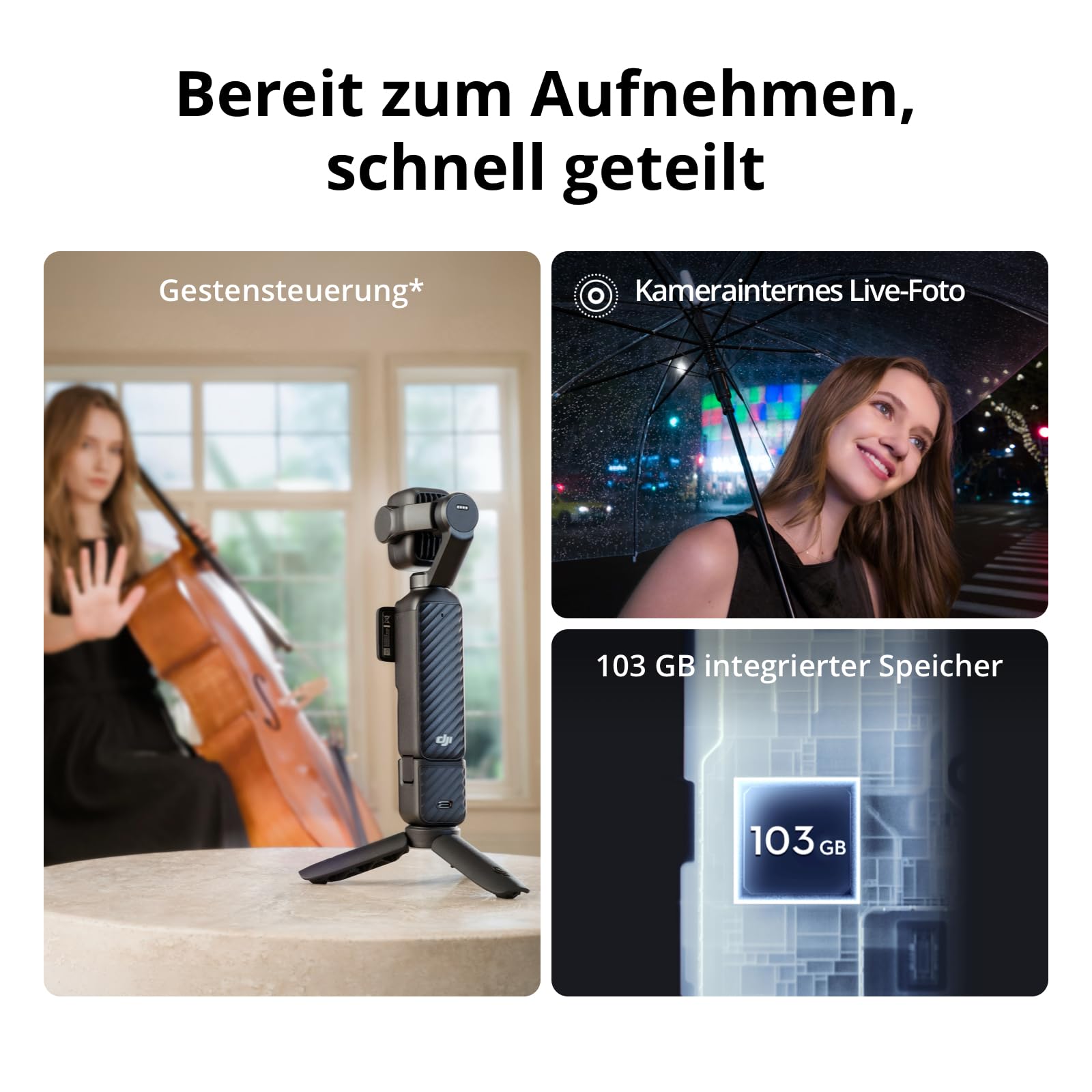 DJI Osmo Pocket 4P Standard Combo, 4K-Vlog-Kamera mit Dual-Objektiv | 3× optischer Zoom, bis zu 12× Zoom, 4K/240 fps, 17 Blendenstufen Dynamikumfang, 103 GB integrierter Speicher, Fülllicht