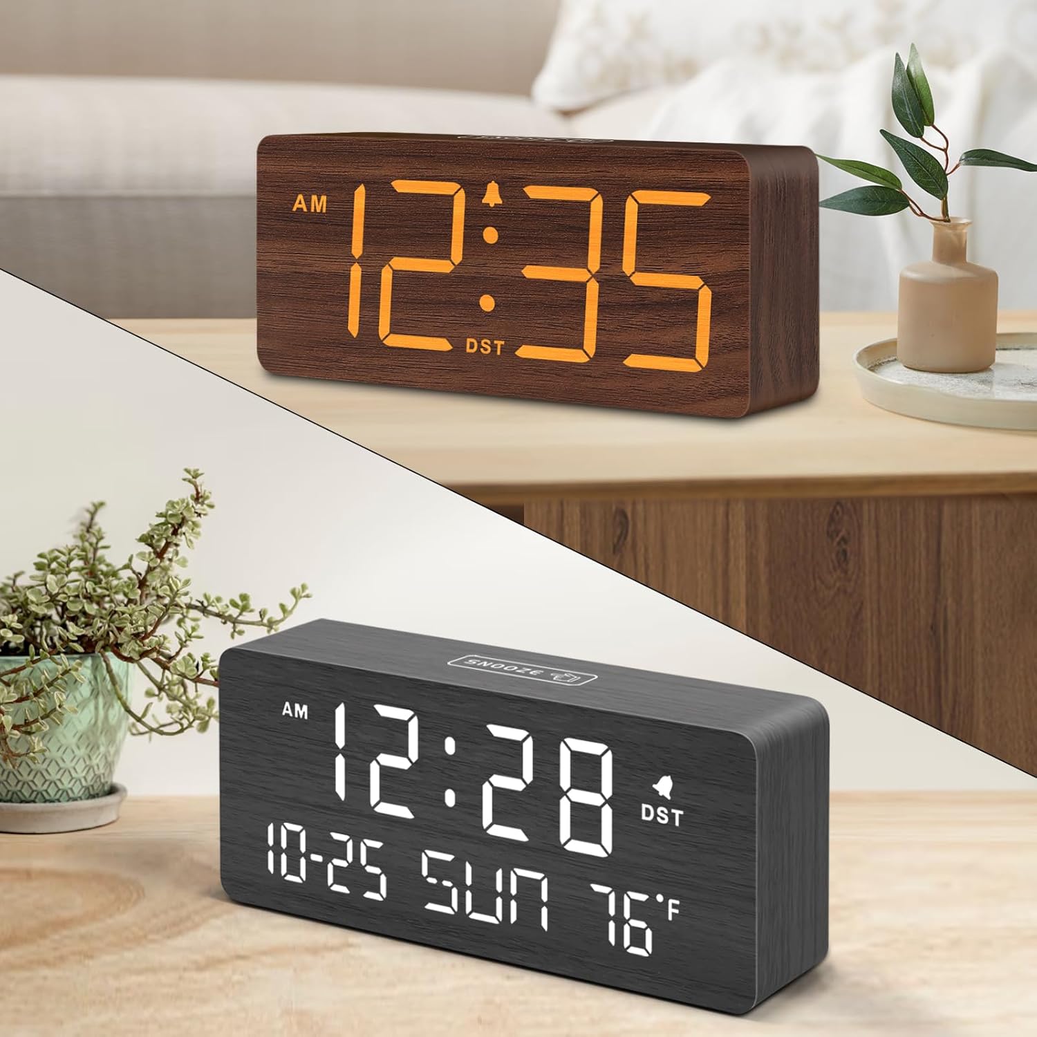 DreamSky Wooden Alarm Clock and Wooden Alarm Clock with Date and Time