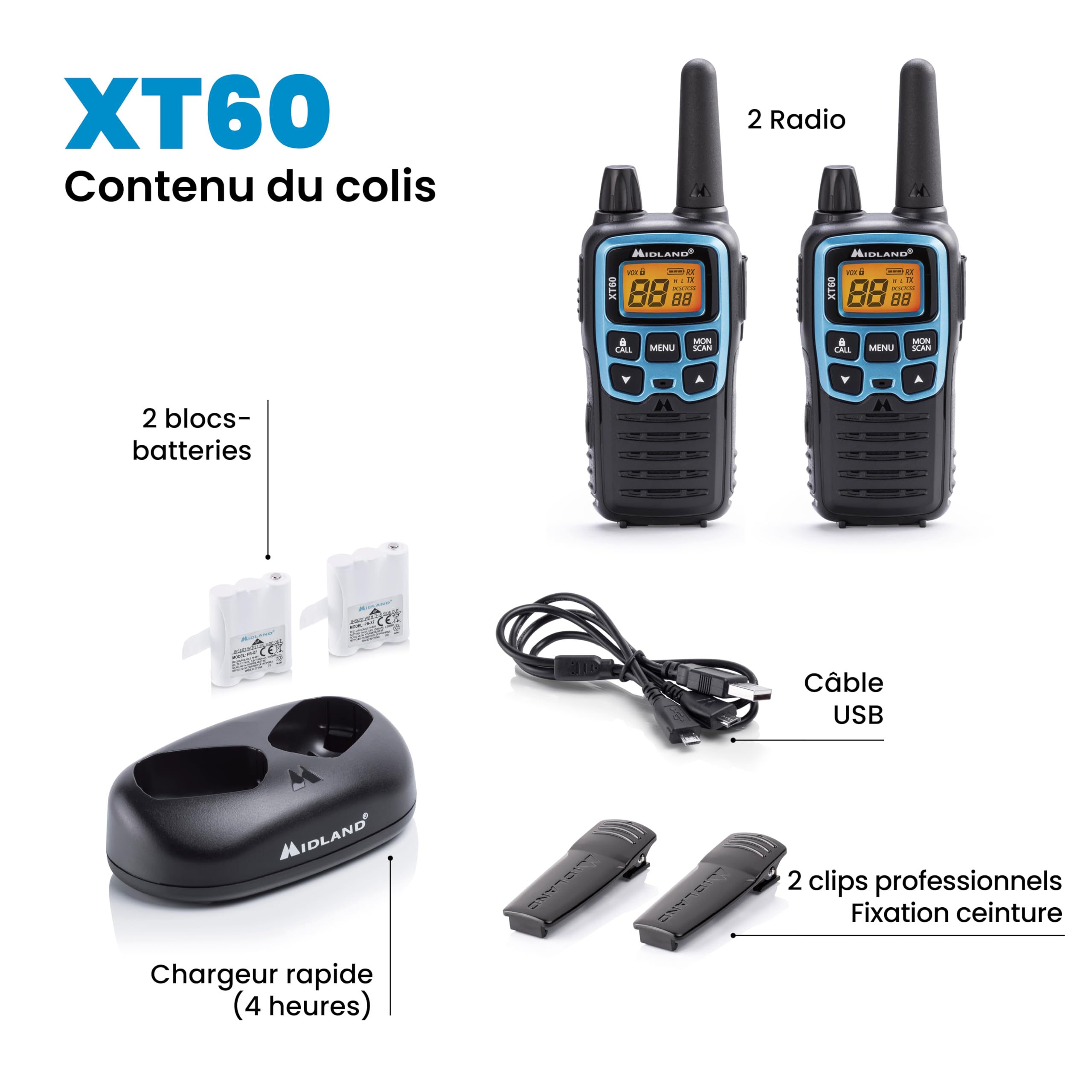 Midland- Talkie Walkie Longue Portée 10Km Professionnel XT60, Radio Récepteur Émetteur DualBand 93 Canaux, 69 Canaux LPD/24 PMR446 non Licence, 38 CTCSS/83 DCS Charge Rapide Autonomie 12H, Accessoires