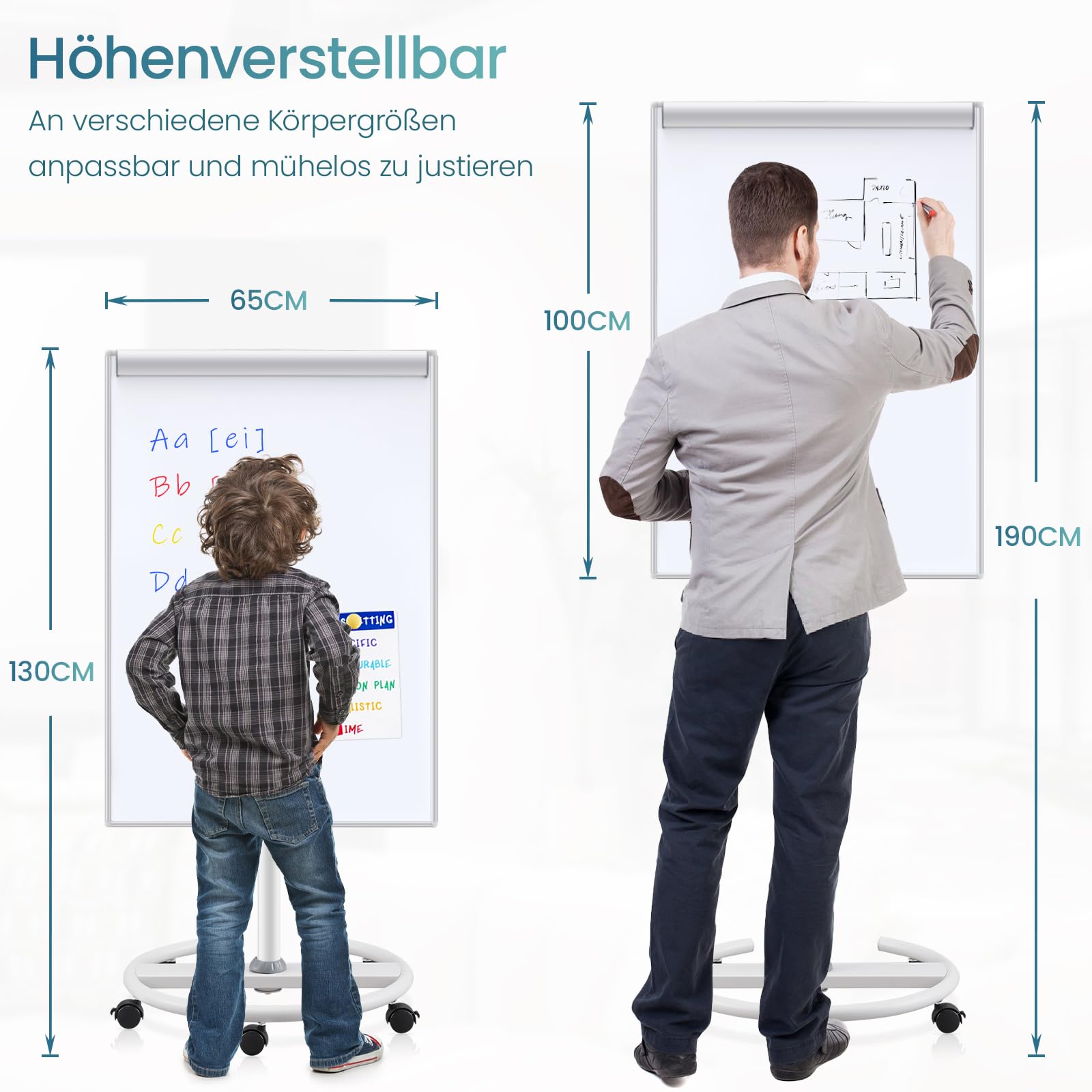 MAKELLO Flipchart Ständer 100x65cm Whiteboard mit Rollen, Höhenverstellbar | Rundfuß mit 5 Feststellbaren, Magnethaftend, Trocken Abwischbar, Inkl.20 Blatt Flipchartblock, Whiteboard Magnetisch für Büro