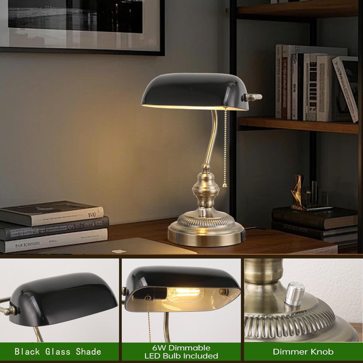 Rustic Banker's Desk Lamp Stepless Dimmable, Traditional Bankers Desk Lamp with USB Port and Outlet, Vintage Farmhouse Table Lamp for Home Office Library