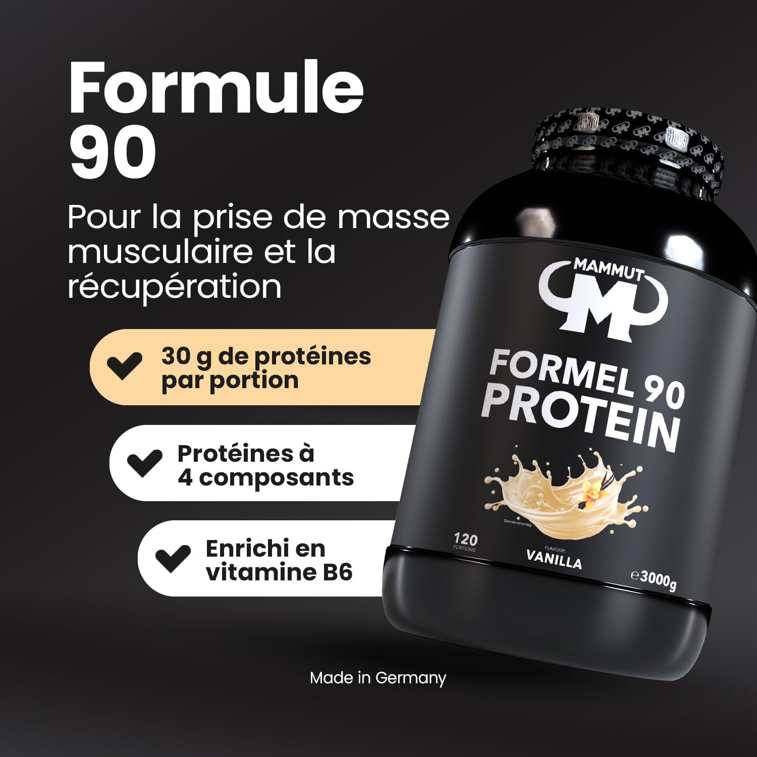 Mammut Nutrition – Protéines formule 90 Vanille 3 kg – Mélange 4 sources (whey, soja, lait, œuf) + vitamine B6 – 77 % protéines – Shake post-training ou collation riche en protéines