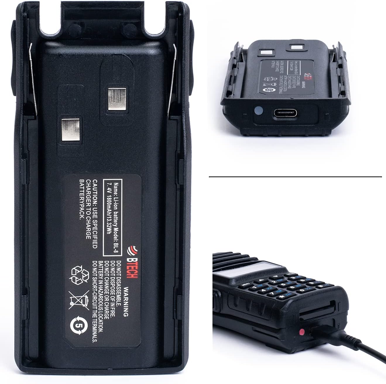 BTECH BL-8 1800mAh Li-ion USB-C Charging OEM Replacement Battery Pack for BaoFeng & BTECH UV-82 Series Radios, Compatible with GMRS-V2, MURS-V2, UV-82HP, UV-82C