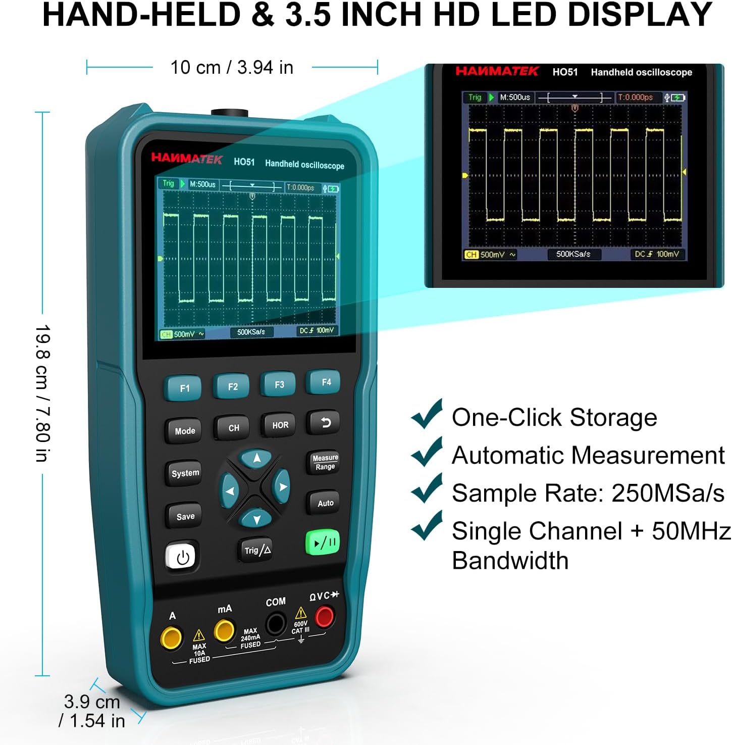 HANMATEK 3 in 1 Handheld Oscilloscope Multimeter,Waveform Generator HO51 with 3.5" TFT Oscilloscop, Auto-Calibration Function, Memory Function, Multi Tester