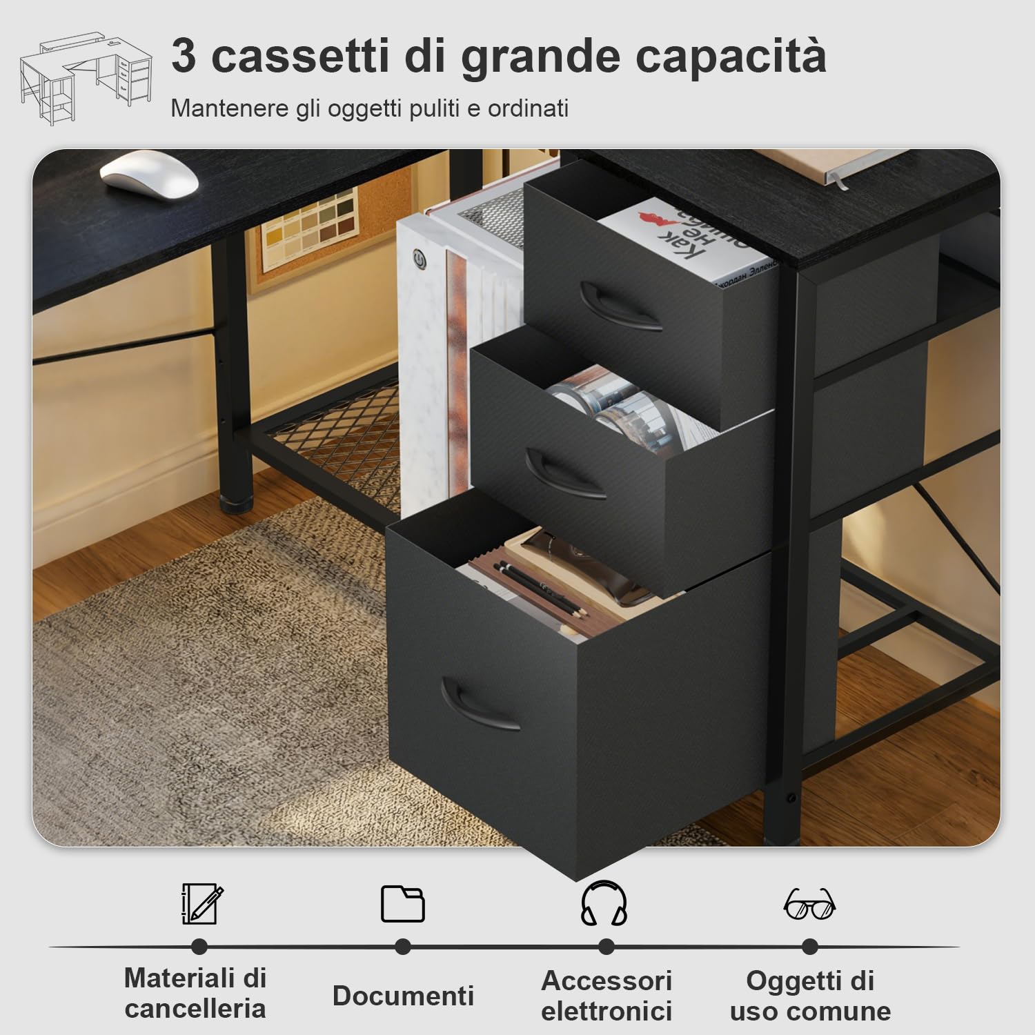 Devoko Scrivania Angolare 170x95 cm, Tavolo A L Da Gioco con 3 Cassetti, Illuminazione LED, Supporto Monitor, 2 Prese + 2 USB, Adatta per Ufficio/Studio, Ideale per Camere, Nera | Illuminazione RGB, Doppio Supporto Monitor, 3 Cassetti, Mensola Laterale, P