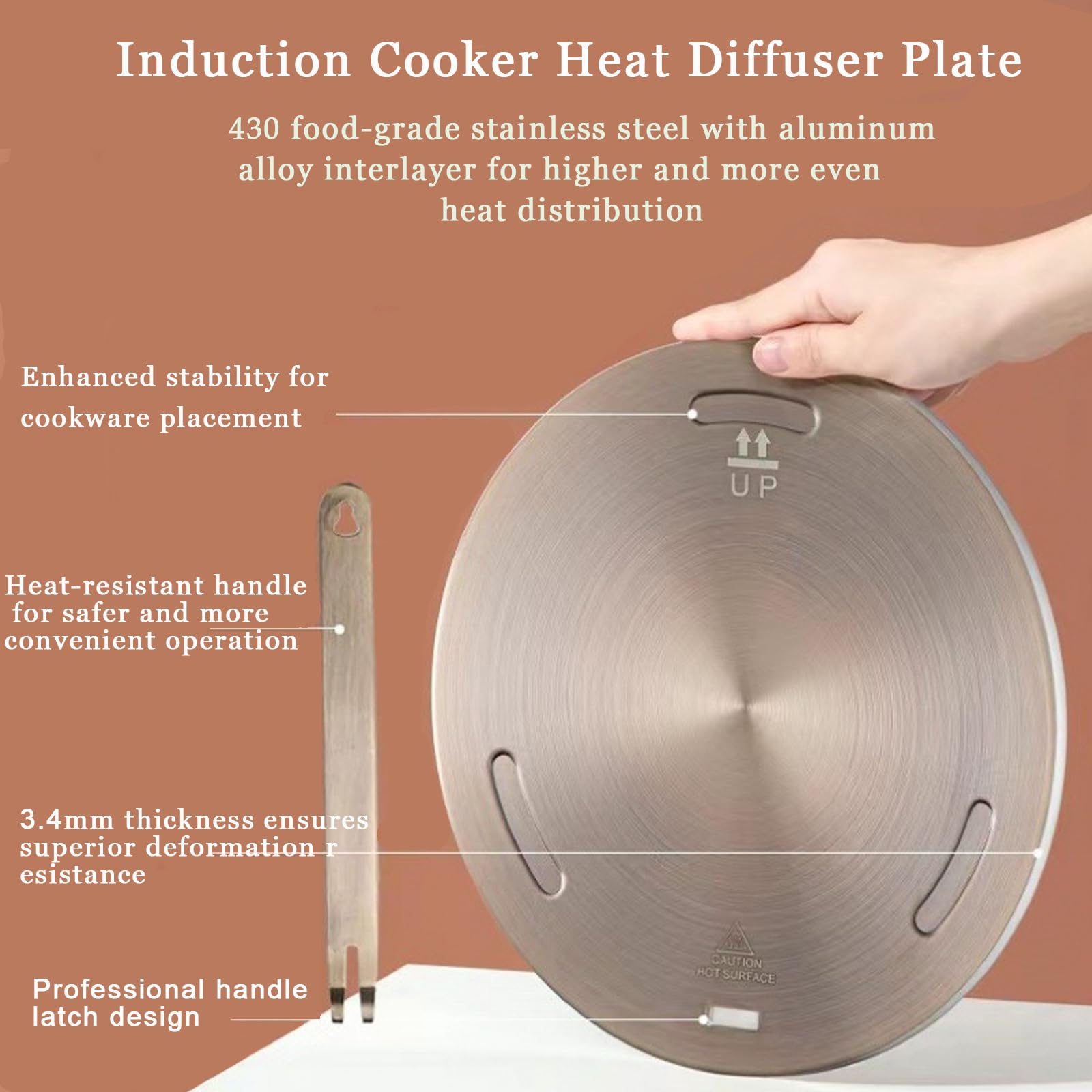 Plaque Diffuseur de Chaleur Flygragon 28 cm - Acier Inoxydable pour Cuisinières Gaz, Vitrocéramique et Induction - Poignée Amovible - Compatible Casseroles et Cafetières