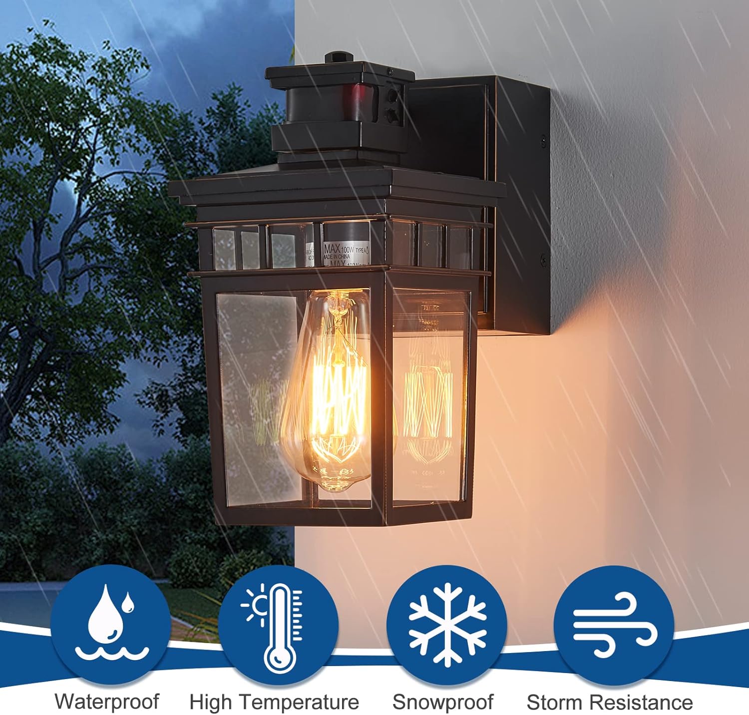 Dusk to Dawn Motion Sensor Outdoor Lights with GFCI Outlet, ETL Listed Anti-Rust 3 Lighting Modes Exterior Waterproof Porch Lights, Golden Edge Painting Farmhouse Wall Light for Garage House, Black